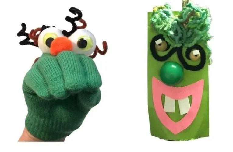 Green glove puppet with big google eyes and green paper bag puppet 