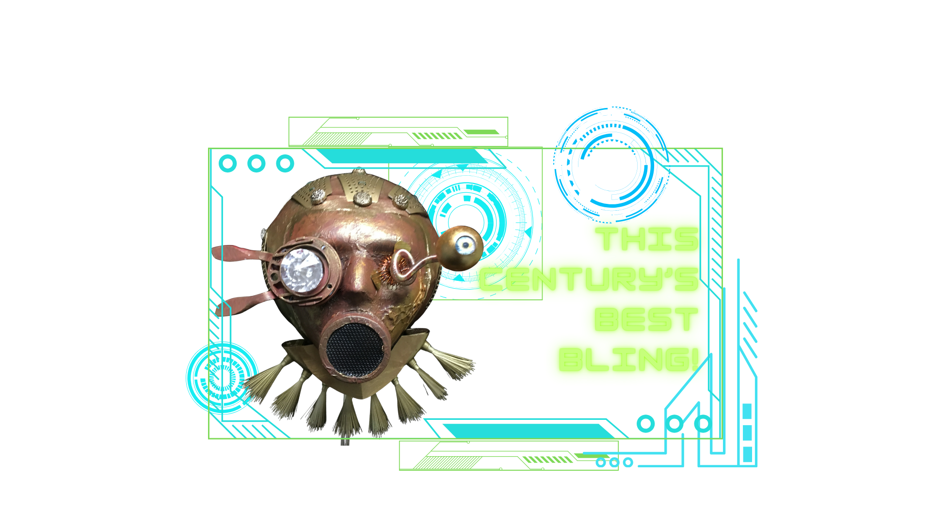 Gold sci fi head with open mouth, metal plating and spiky protrusions 