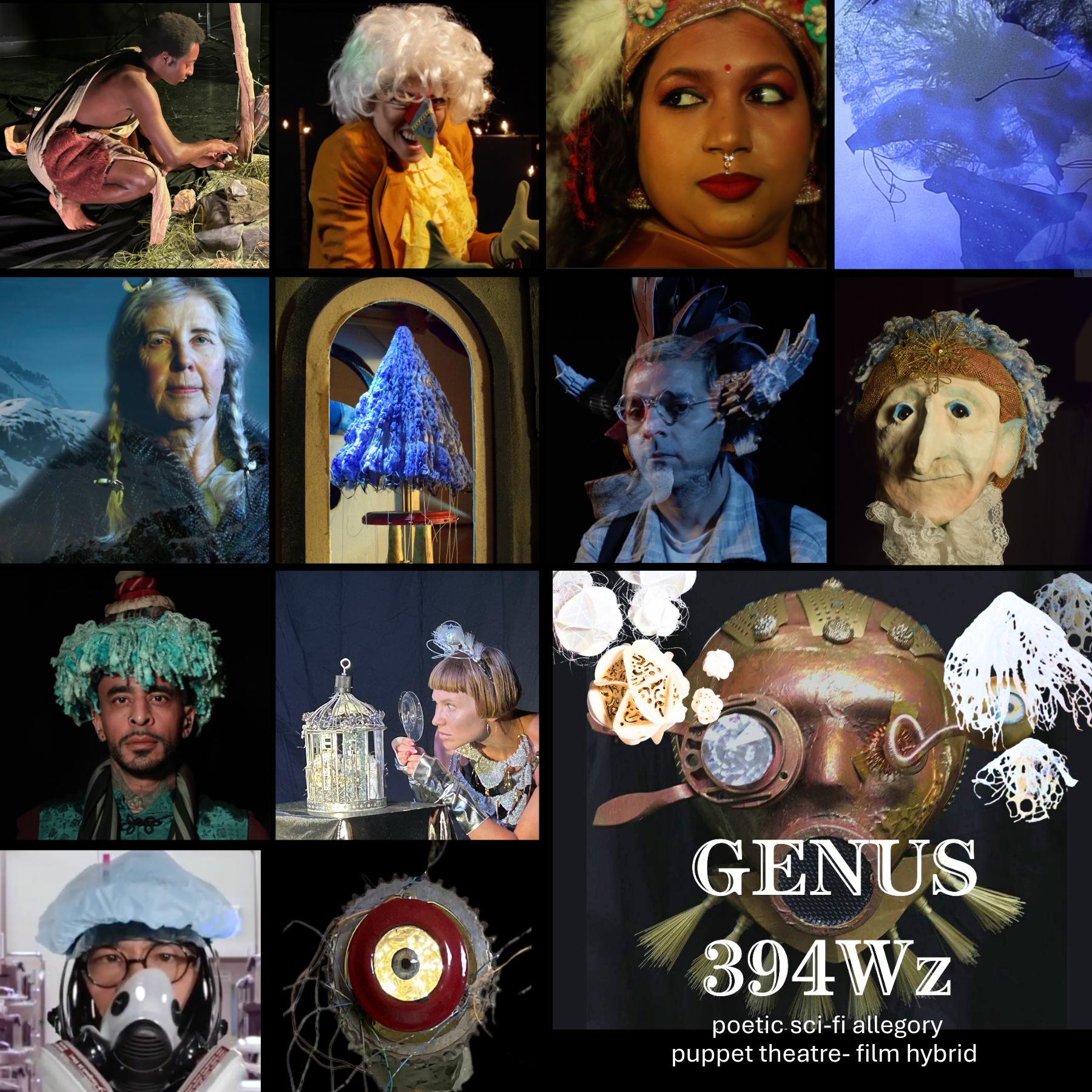 A grid of 12 photos of actors and puppets,
