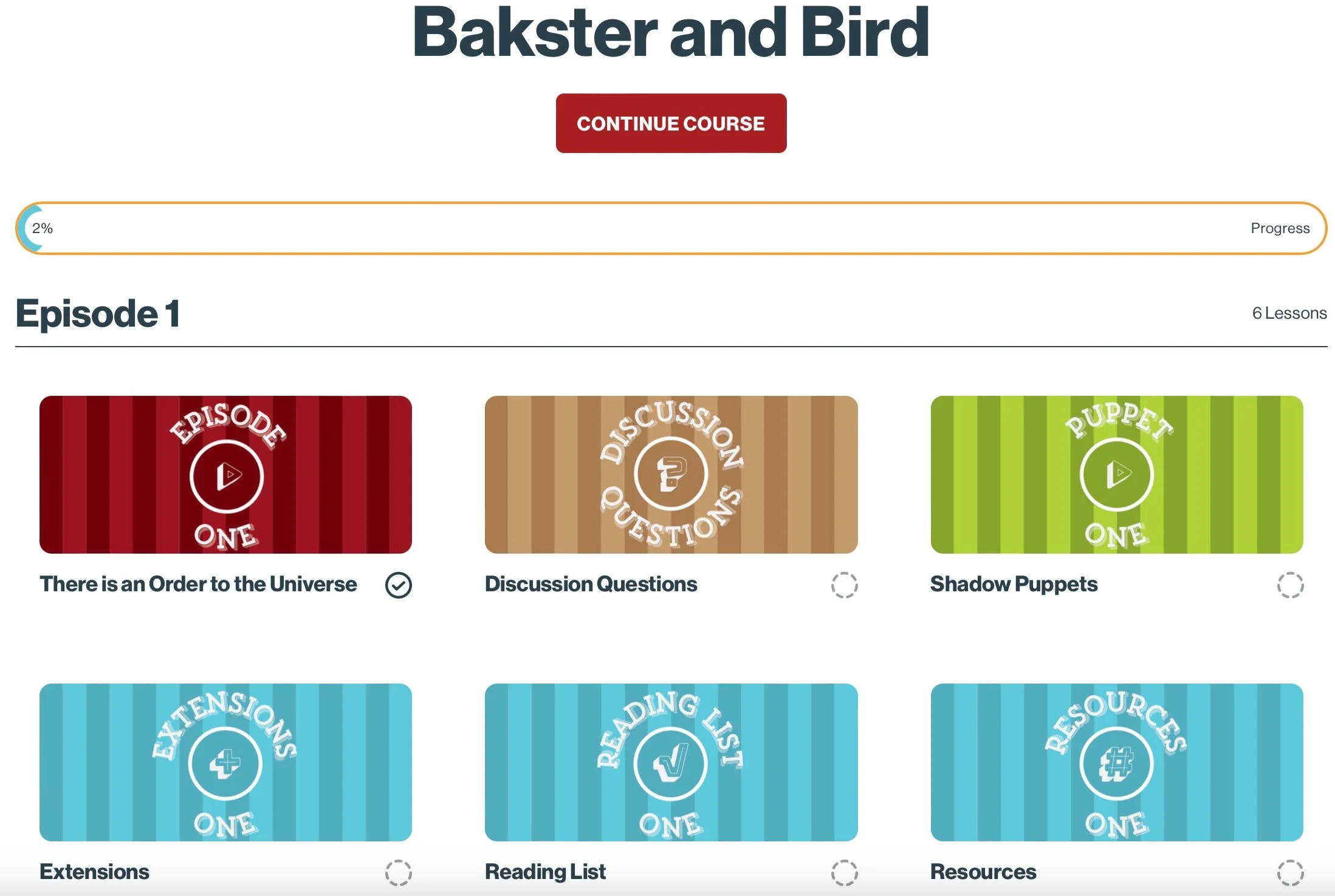 Screenshot of an online course titled "Bakster and Bird," showing episode 1 with six lessons. Lesson titles are "There is an Order to the Universe," "Discussion Questions," "Shadow Puppets," "Extensions," "Reading List," and "Resources." Each lesson is represented by a colored tile with a play button icon.
