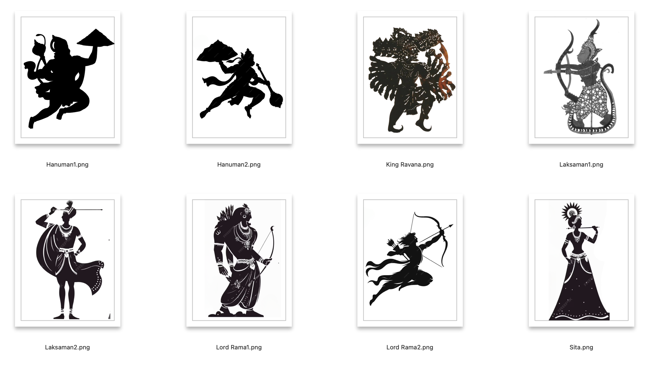 Shadow Puppets of Indian characters - Sita, Ravana, Hanuman and others