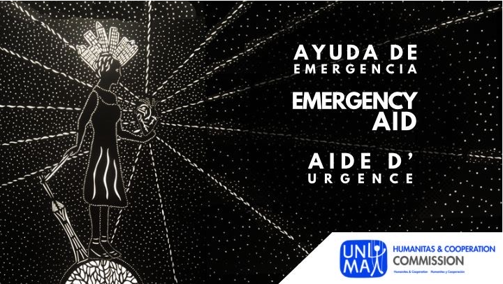 Strings against a black backdrop and the words 'Emergency Aid' in three languages