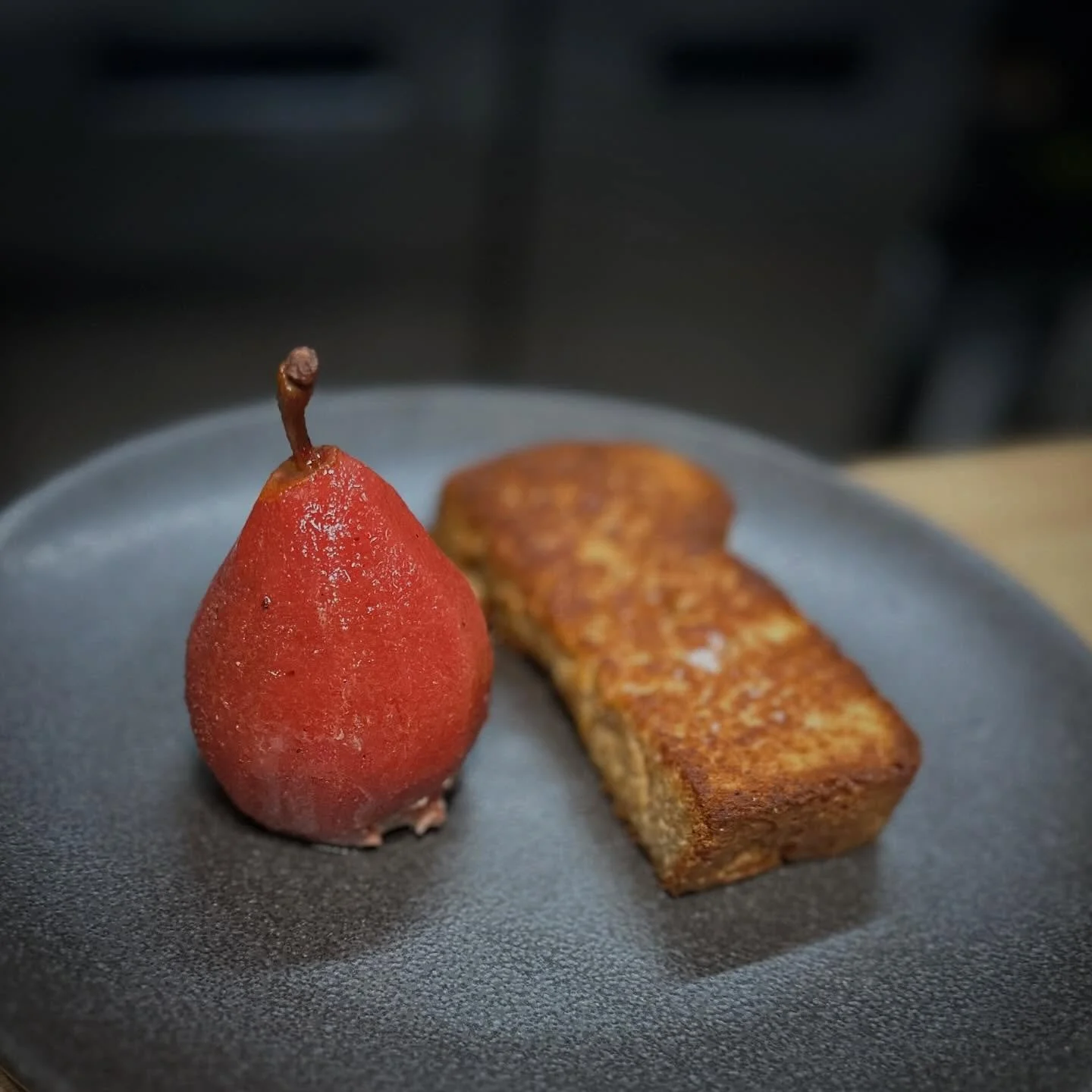 This pear was poached in cascara, maple and beet juice. It&rsquo;s filled with chicken liver pate. Served with freshly milled red fife brioche. Starting next week on the menu.