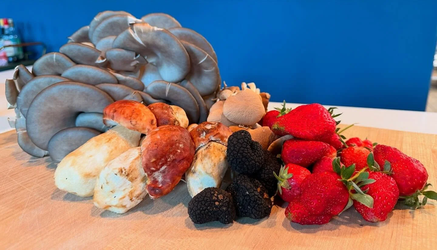 This week&rsquo;s bounty! Blue King Oyster and Piopini mushrooms courtesy of @guidedbymushrooms, Black Truffles and Porcini mushrooms from Oregon, and strawberries from @hershbergersfarmbakery
*swoon
