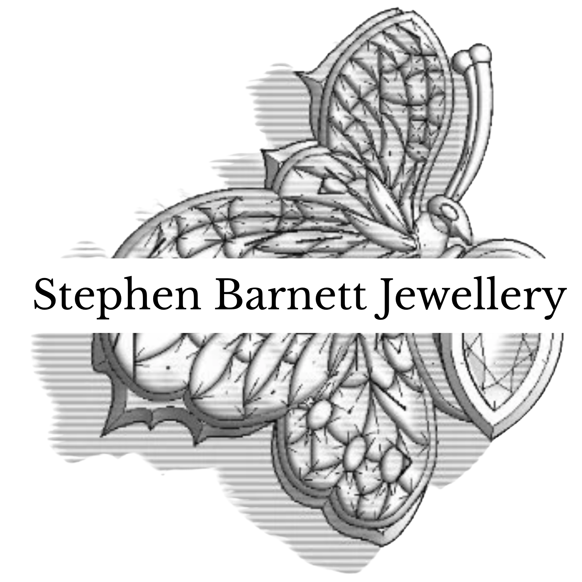 Stephen Barnett Jewellery logo, a cad drawing of a butterfly and a gem with stephen's name ontop