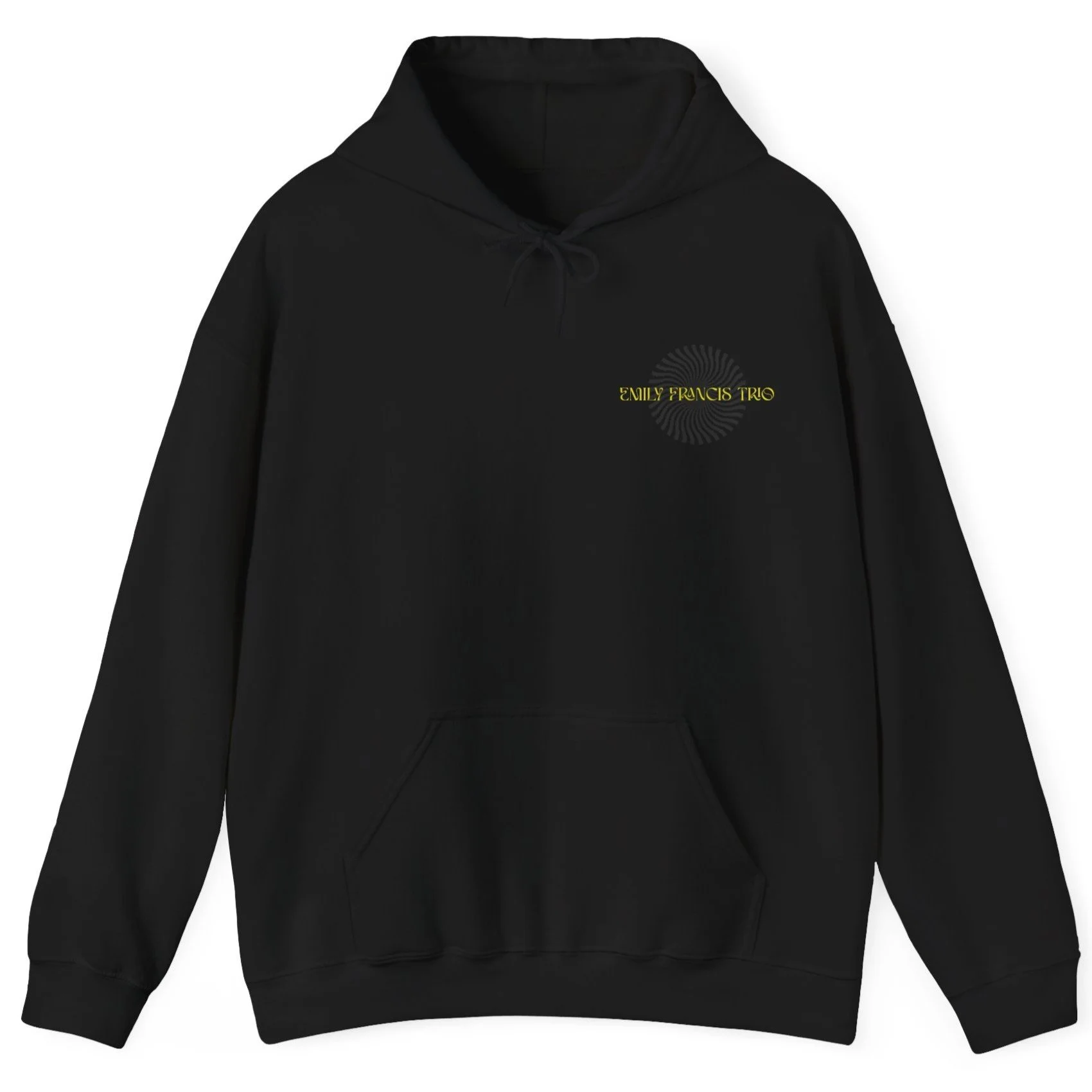 Black Atomic Tour Live hoodie with yellow text design on the front that reads 'Emily Francis Trio' and a circular pattern behind the text.