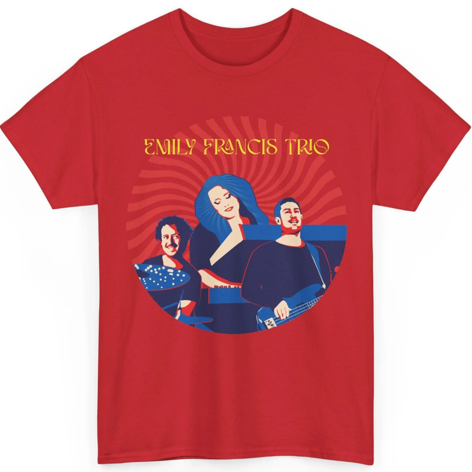Atomic Tour Live Red T-shirt featuring an illustrated image of Emily Francis Trio with the text "Emily Francis Trio" above in yellow.