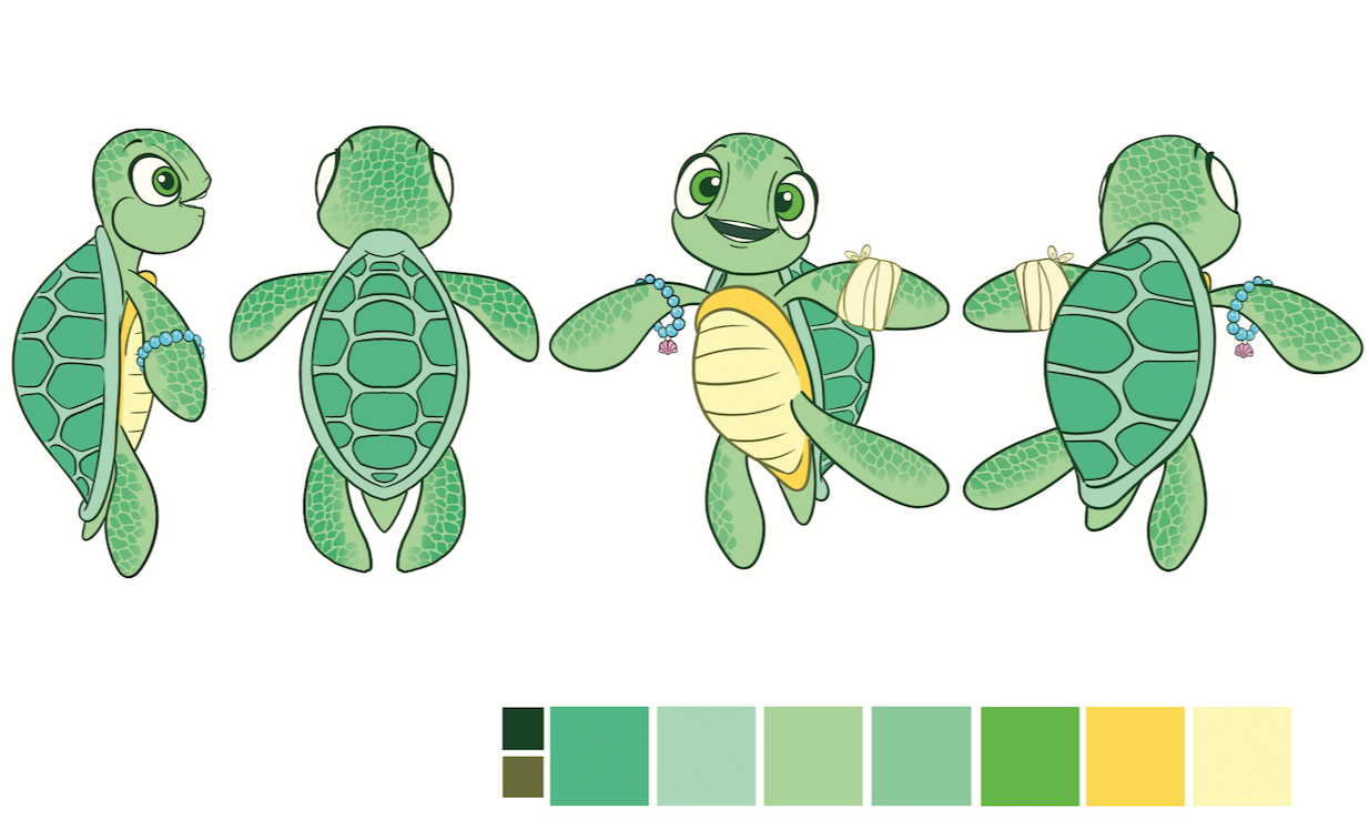 Series of animated turtles in different poses, showing variations in color and accessories, with a color palette below.