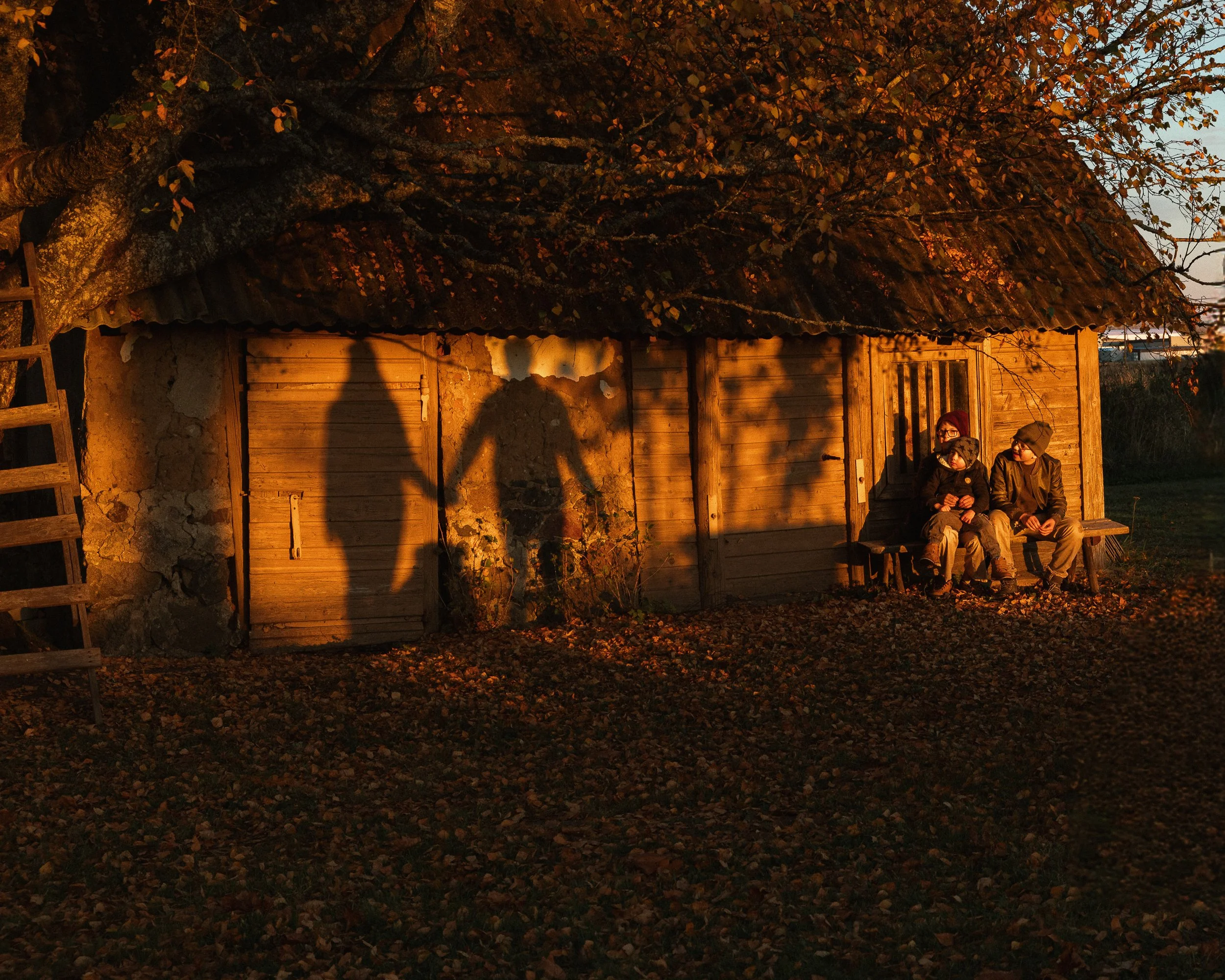 Three children sitting on a bench next to a small wooden house at sunset, with their long shadows cast on the house wall.