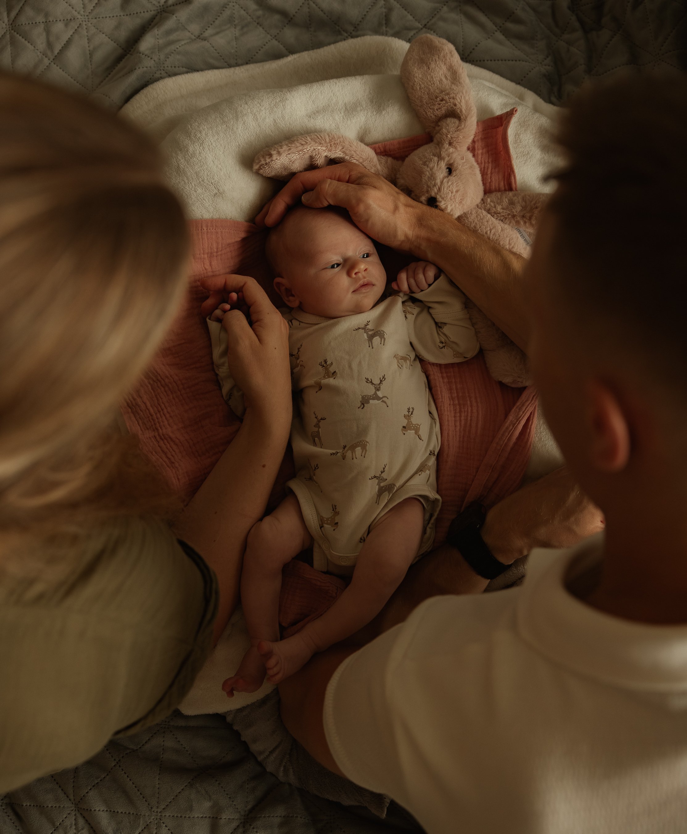 A baby lying on a bed surrounded by two adults, with a stuffed bunny near the baby's head.