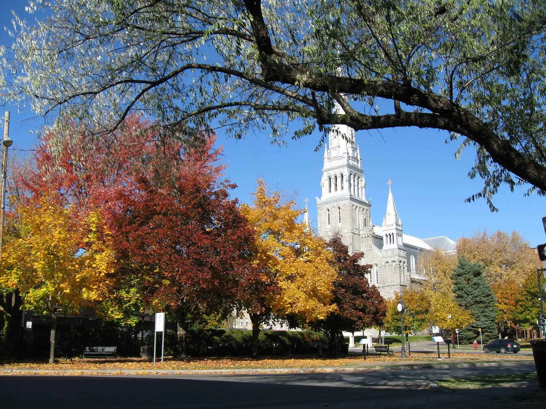 Un parc avec des arbres aux feuilles d'automne rouges, jaunes et vertes, et une église avec de hautes tours en pierre blanche en arrière-plan, sous un ciel bleu clair.