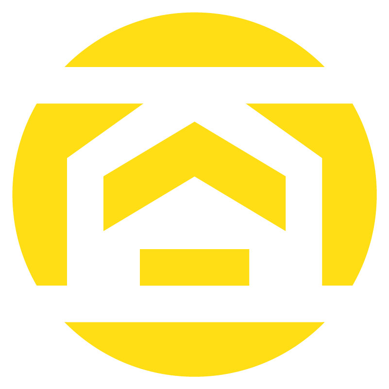 Symbole jaune et noir représentant un bâtiment ou une structure géométrique abstraite, entouré d'un cercle