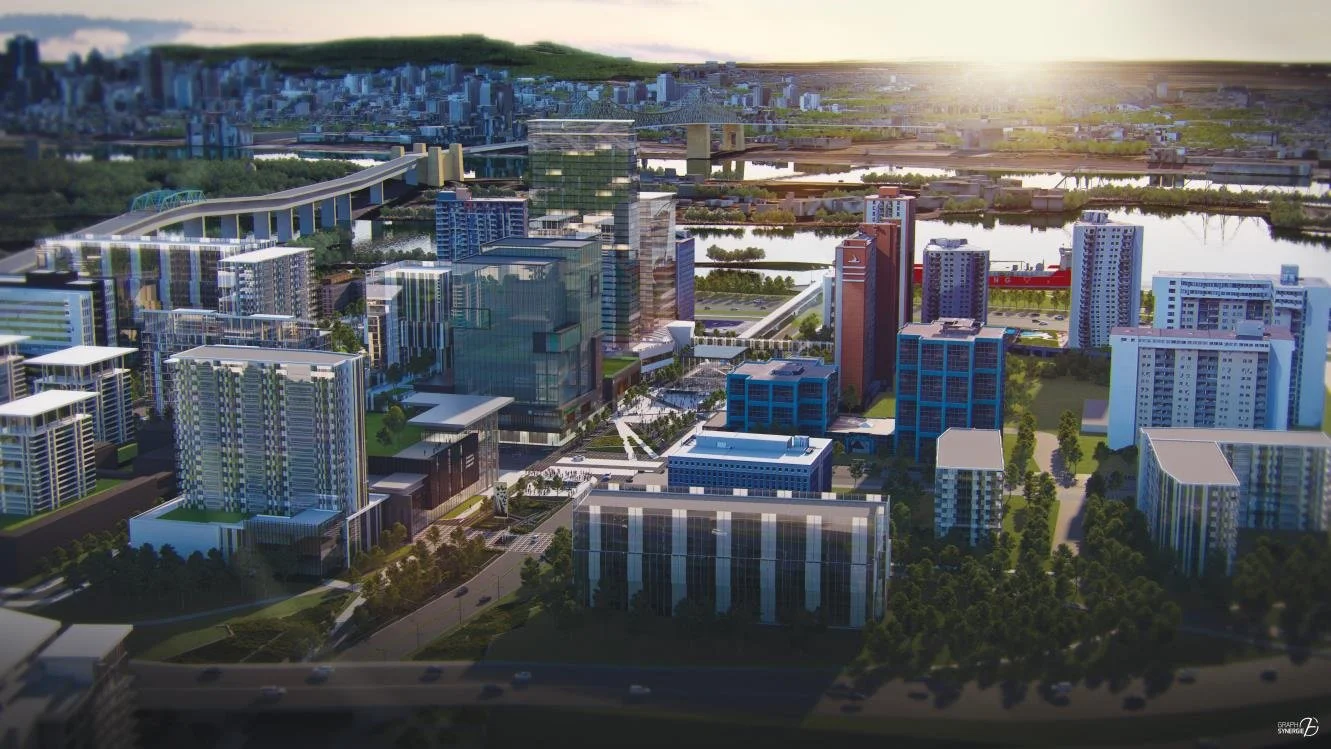 Une vue aérienne d'une ville moderne avec de nombreux gratte-ciel, ponts et un fleuve au coucher du soleil.