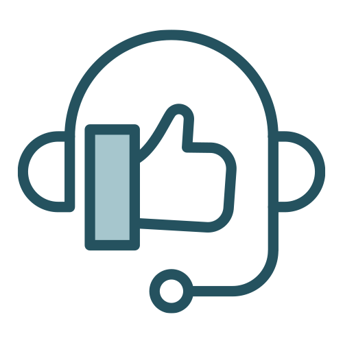 Logo représentant une tête avec un casque de communication, un symbole de pouce levé à l'intérieur, indiquant un support client ou une assistance en ligne.