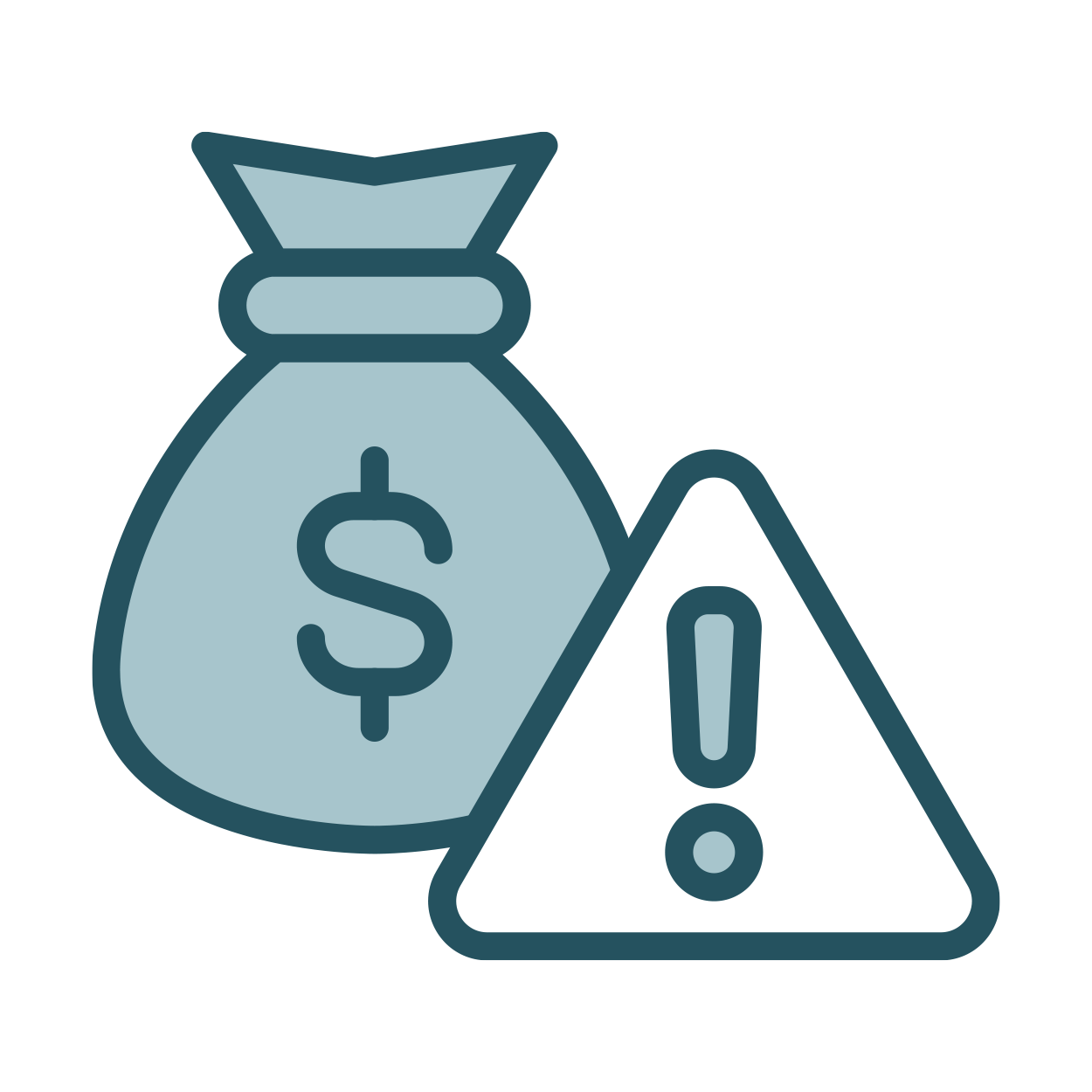 Sacs d'argent avec un symbole dollar et un panneau d'avertissement avec un point d'exclamation, indiquant un risque financier ou une alerte financière.
