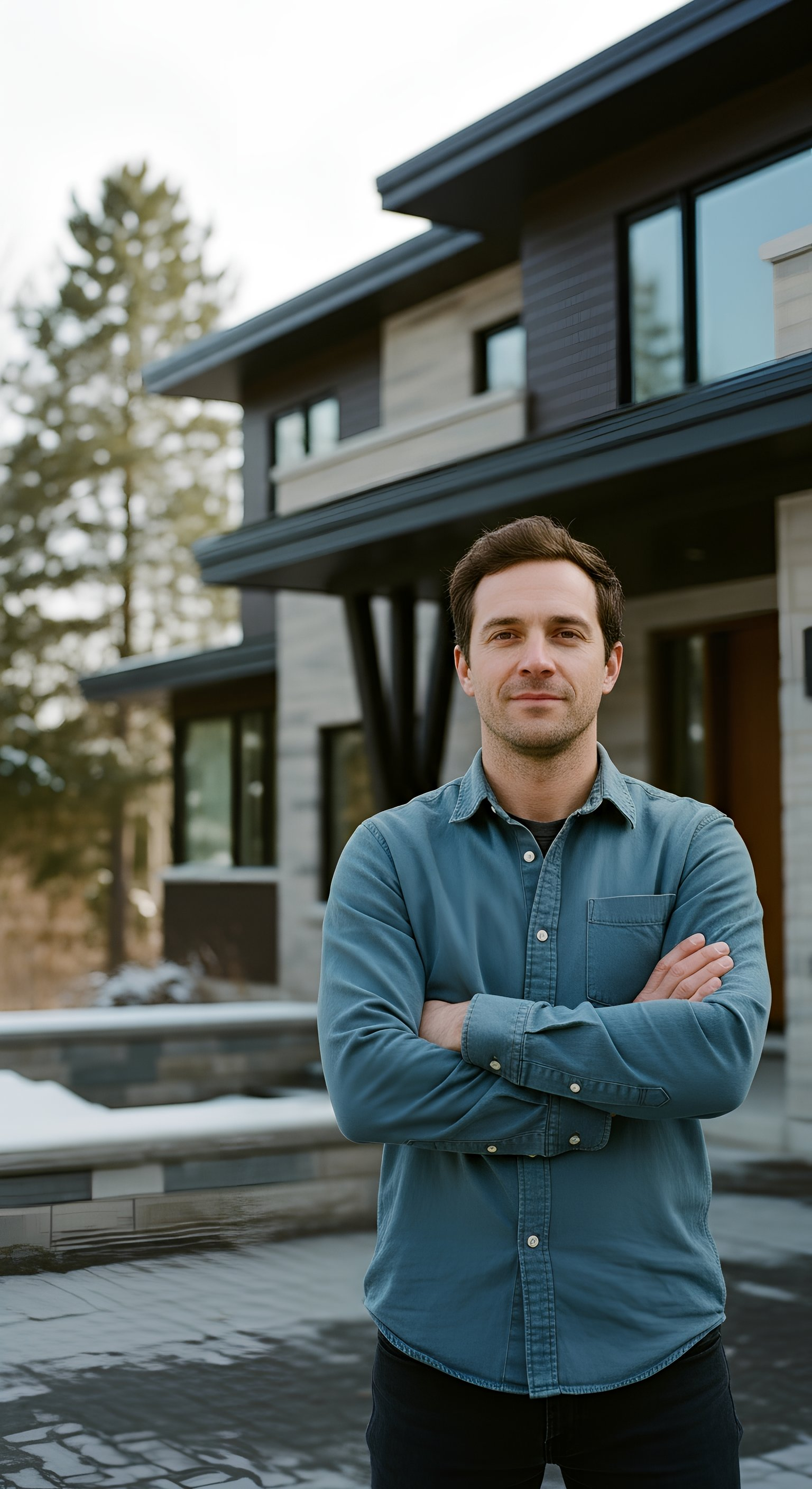 Un homme avec des bras croisés, portant une chemise bleu, se tient devant une maison moderne en bois et en verre, avec un arbre en arrière-plan.