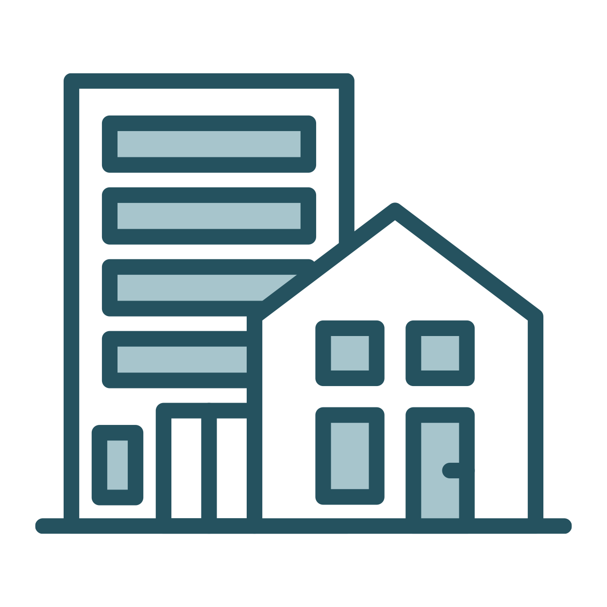 Illustration de deux bâtiments, un immeuble moderne à gauche et une maison à droite.