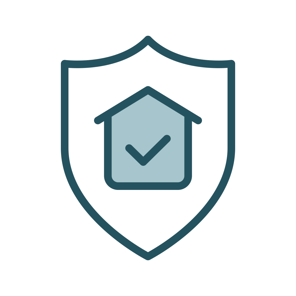 Bouclier avec un symbole de maison et une coche, indiquant protection ou assurance habitation.