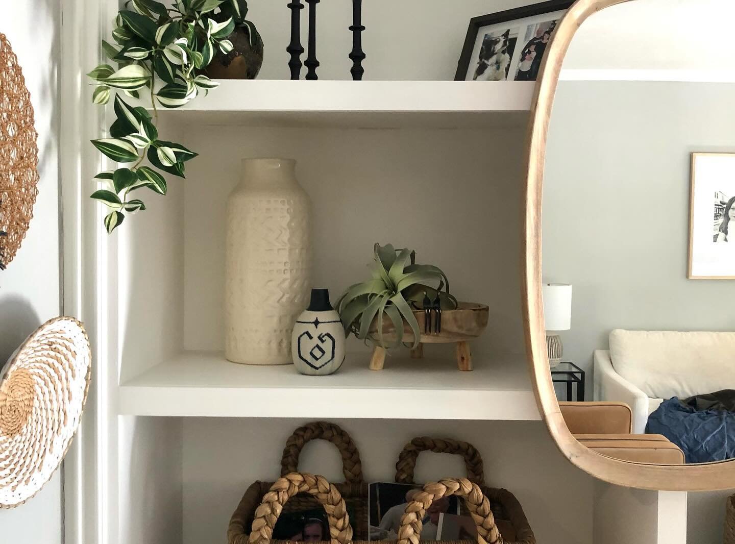 Styling bits on some BIG BIG built ins! 

The two little people were in a small box, in another box, under a pile of art supplies originally on this shelf. They were a gift&hellip; and how cool are they, and now they&rsquo;re front and center where t