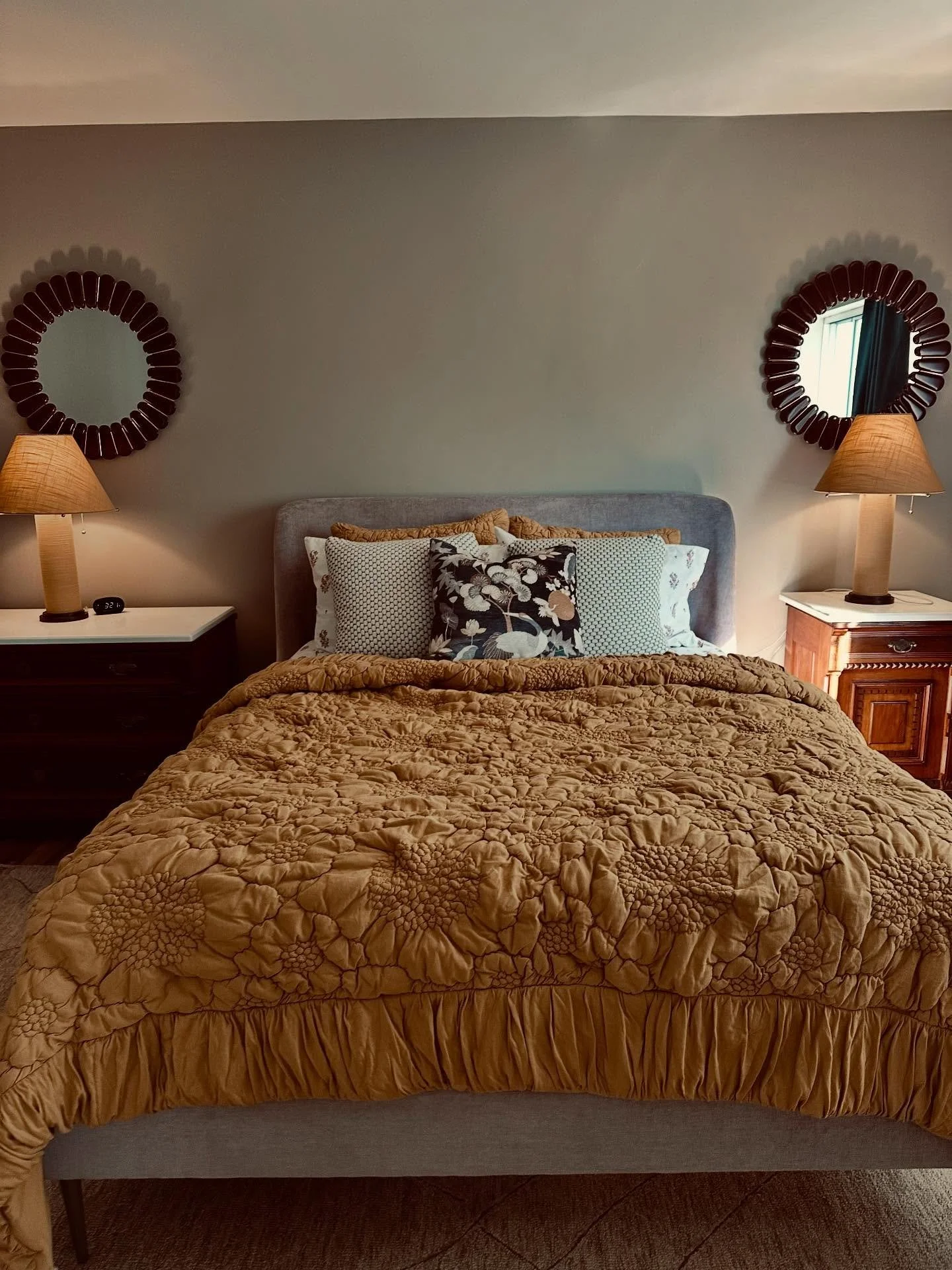 Bye bye to the grey, and even bye to the wallpaper (can you believe it!?)&hellip; welcome in warm painted walls,new wood floors, a saturated ochre, pinks and maroon color palate and now we have for a more grown up space- still cozy, still colorful, b