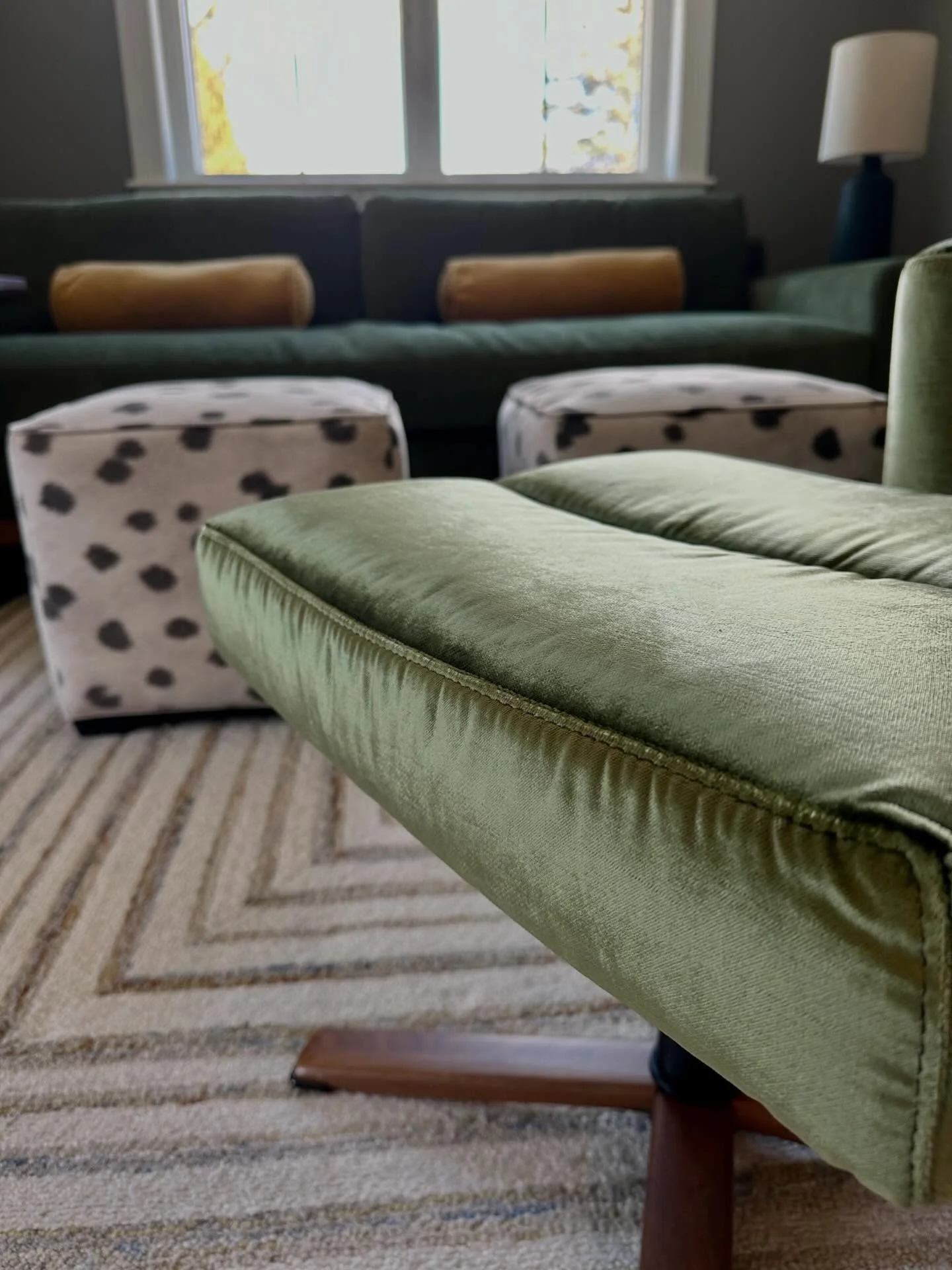 Going green in an upstairs media lounge room- patterns, texture, chillin.  What color are you always drawn to? Green is def a top contender for me!
