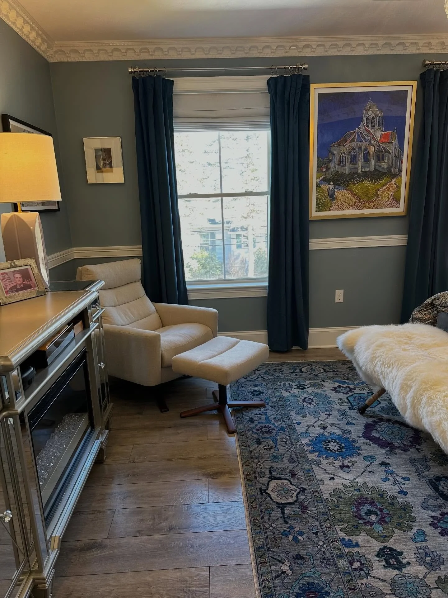 The details the prior homeowner made in this house were wonderful - super crown molding, ceiling medallions and fun lights! But I was conflicted with lots of cool grey paint color on every wall. The new homeowner has great taste w a love for mid cent