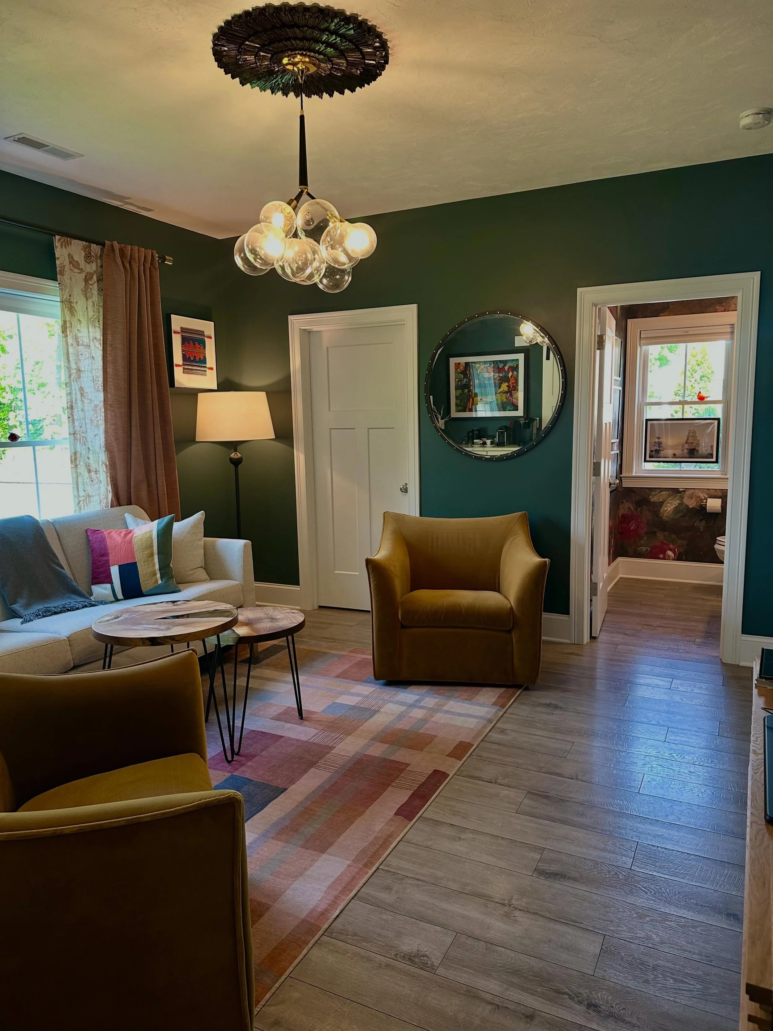 When your client shows me his two chartreuse chairs and then lets to pick the paint color, rug, curtains to tie it all together it becomes quiet the vibe! 

#designincolor #theroomwaswhite @sherwinwilliams Stillwater paint color #decorate603 #interio
