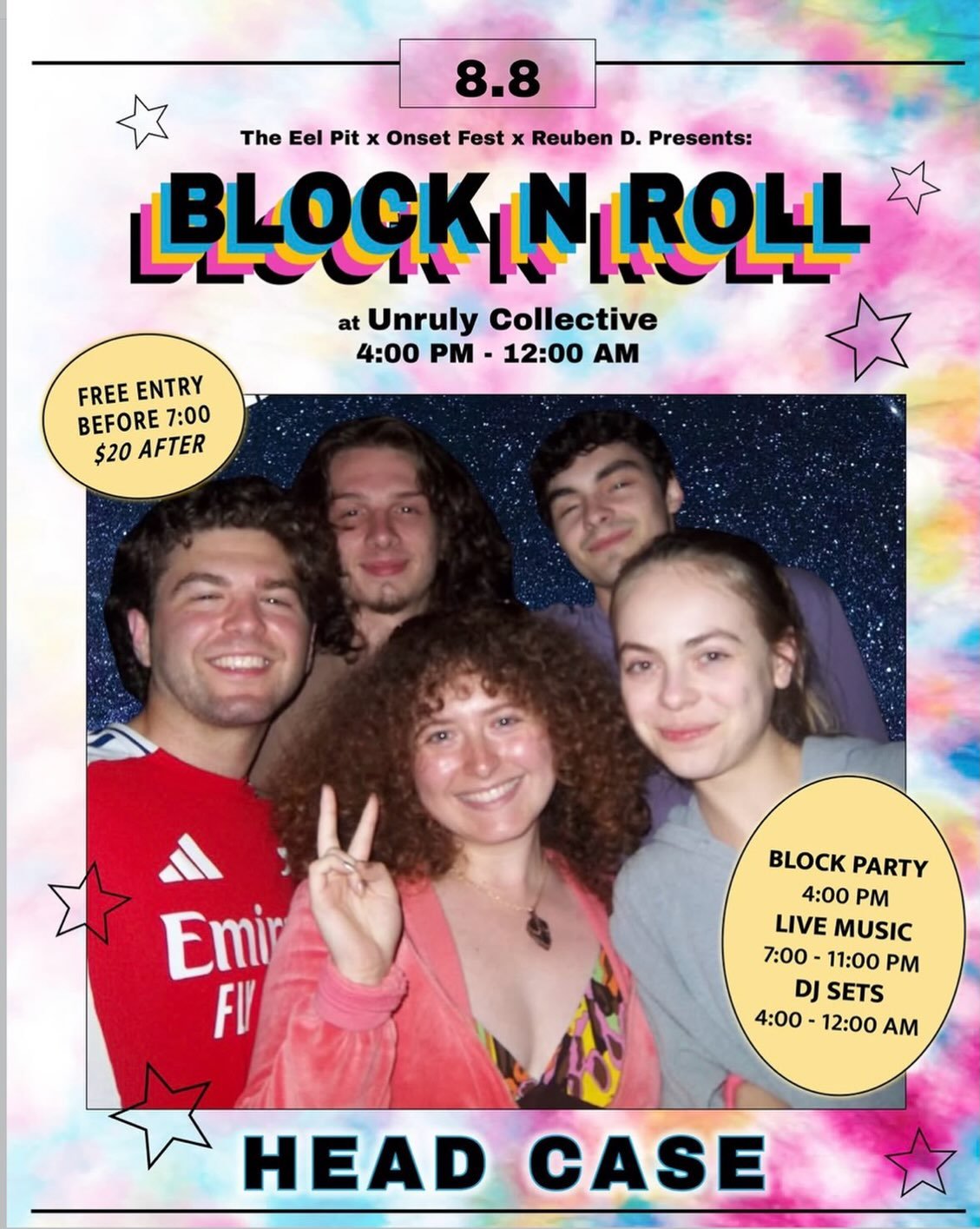 Come join us @unrulycollective for the BEST SUMMER BLOCK PARTY EVER ✨🫧🎶

Live music starts at 7pm! 

Headcase is on at 10pm!!! 

DJ sets after!

COME GROOVE!