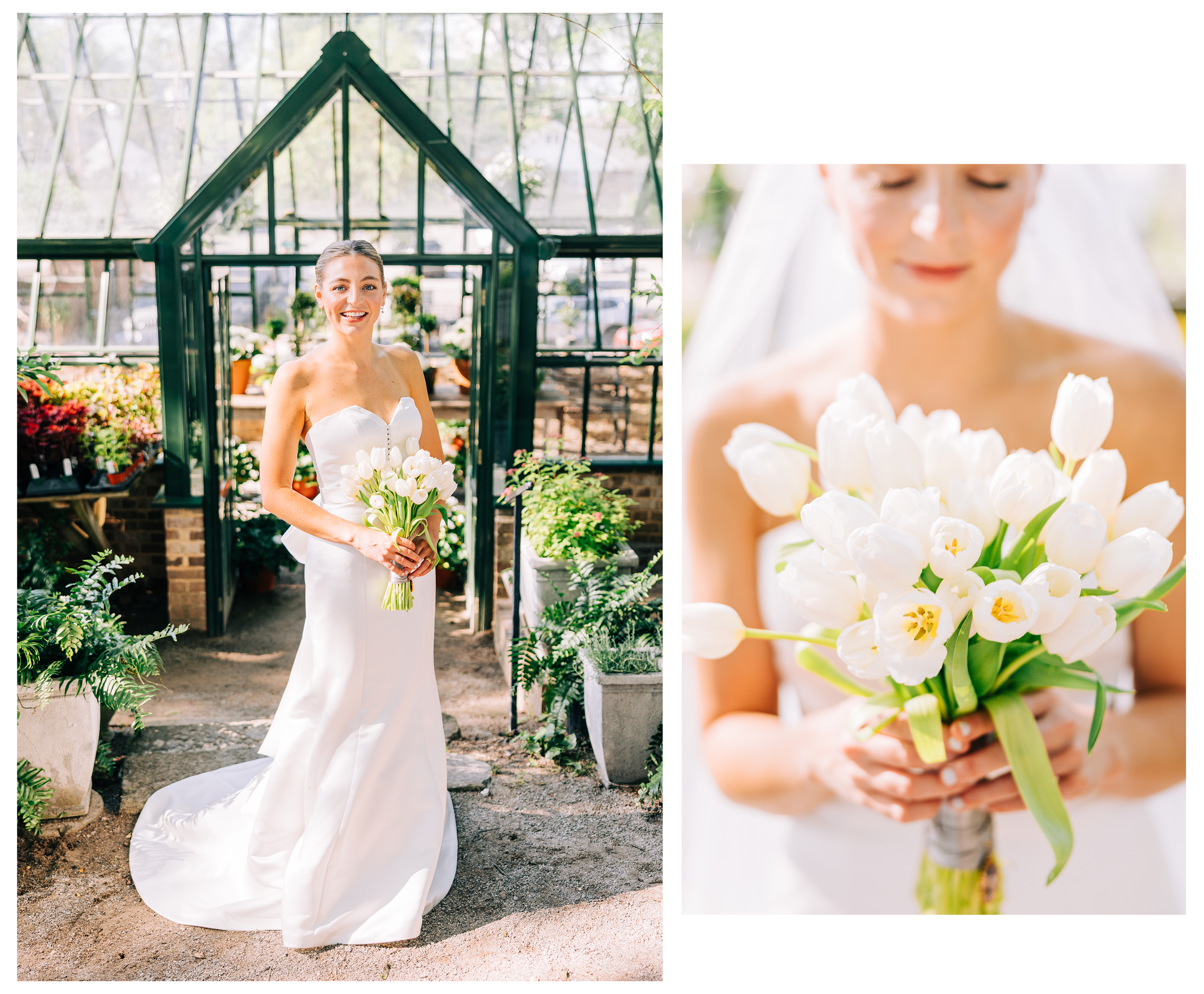 Bride holding white tulips in a greenhouse setting with soft natural light during a wedding portrait