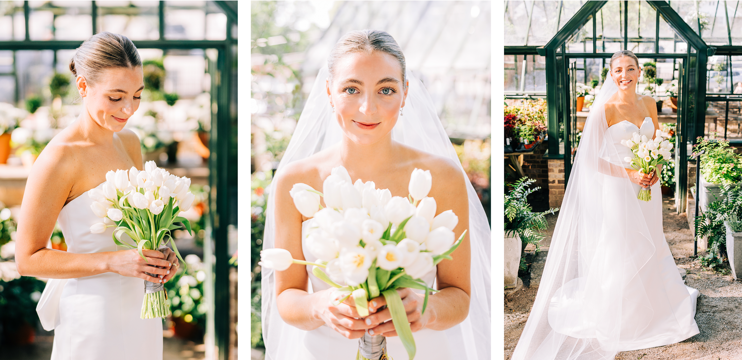 baton rouge bridal portraits in front of a greenhouse with white tulip bouquet