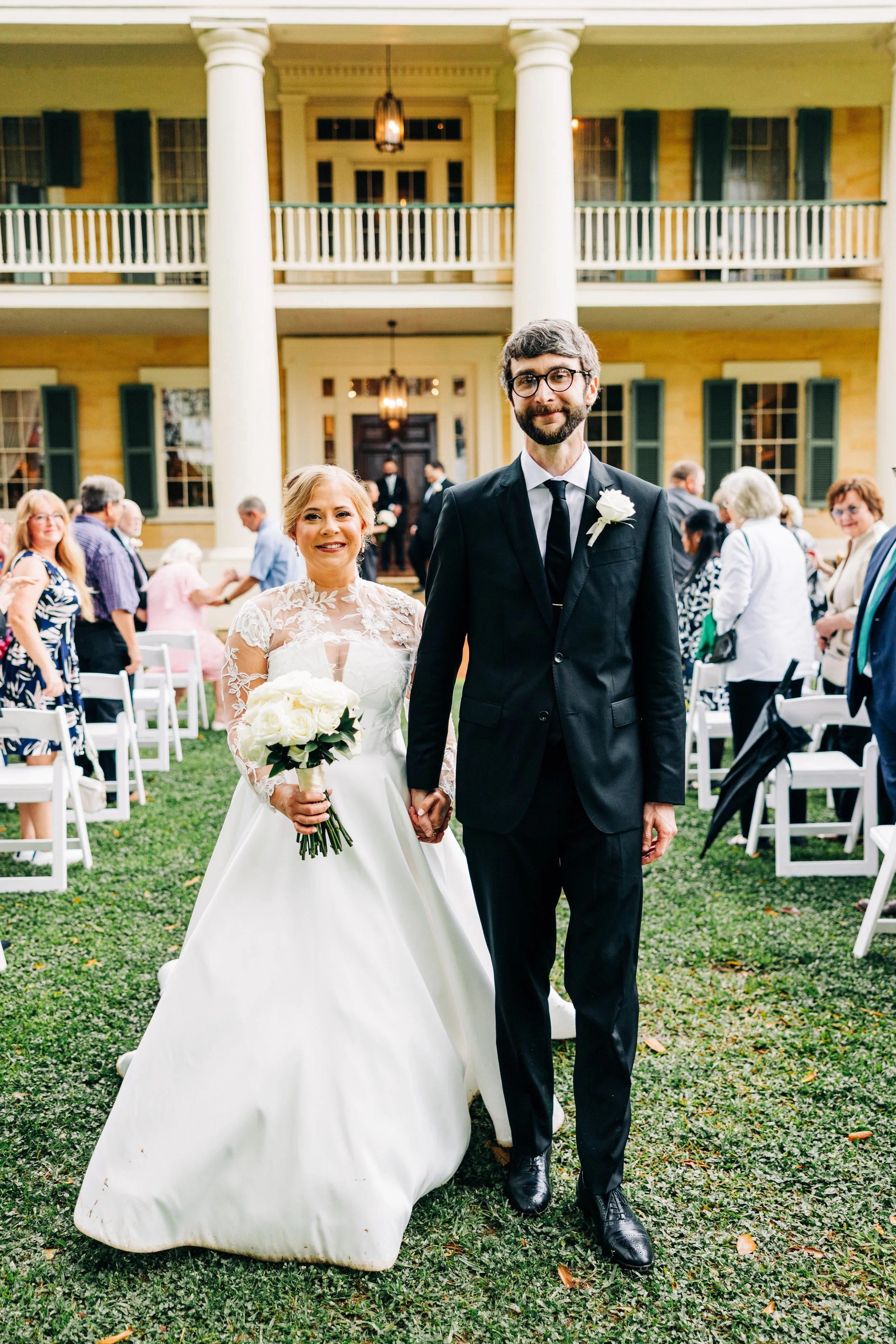 bride and groom formal recession from ceremony, formal ceremony exit, outdoor wedding ceremony in spring at houmas house, baton rouge wedding photography
