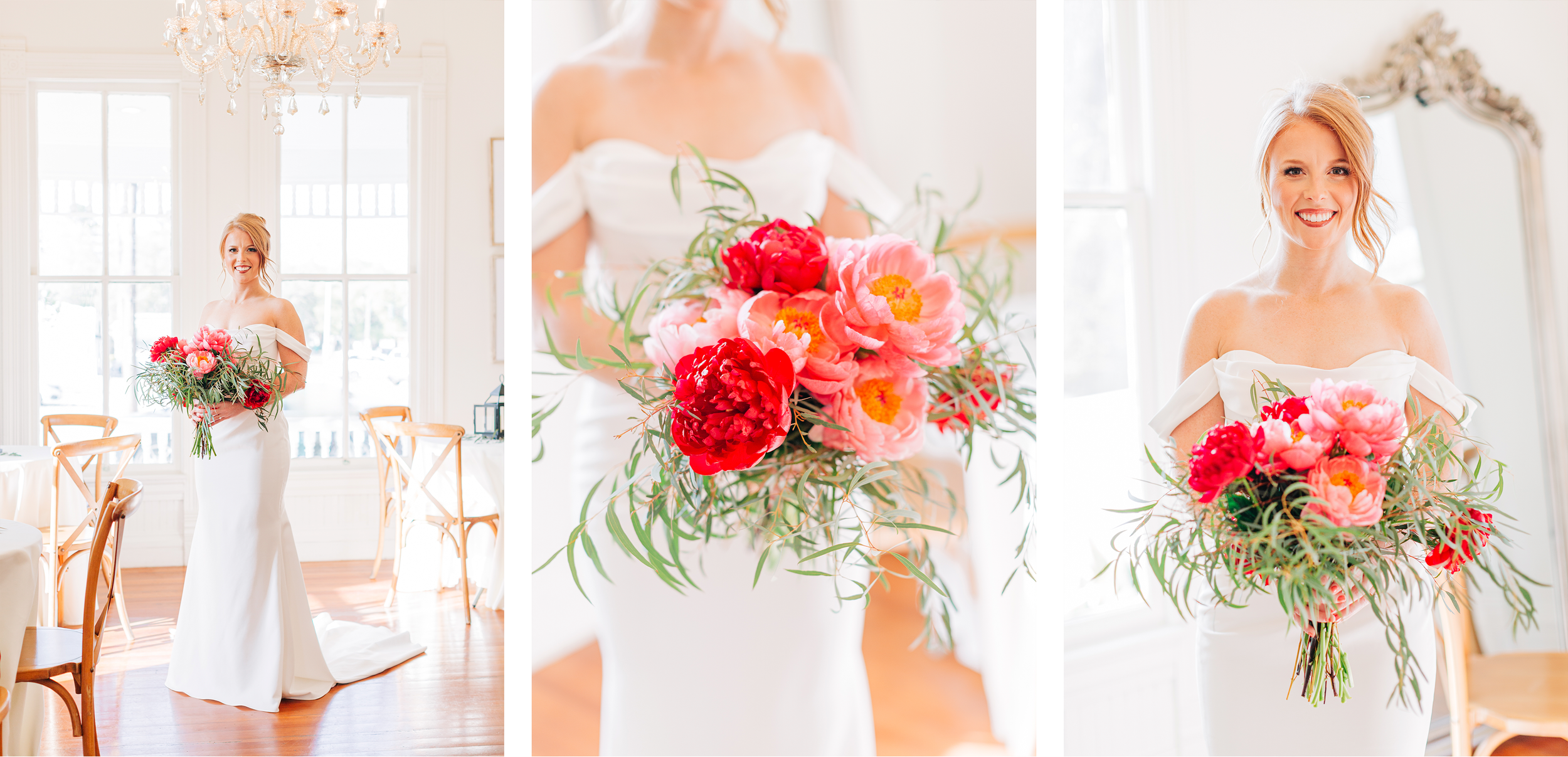 bridal portraits of beautiful bride holding pink and red peony bouquet at magnolia fields venue in zachary louisiana