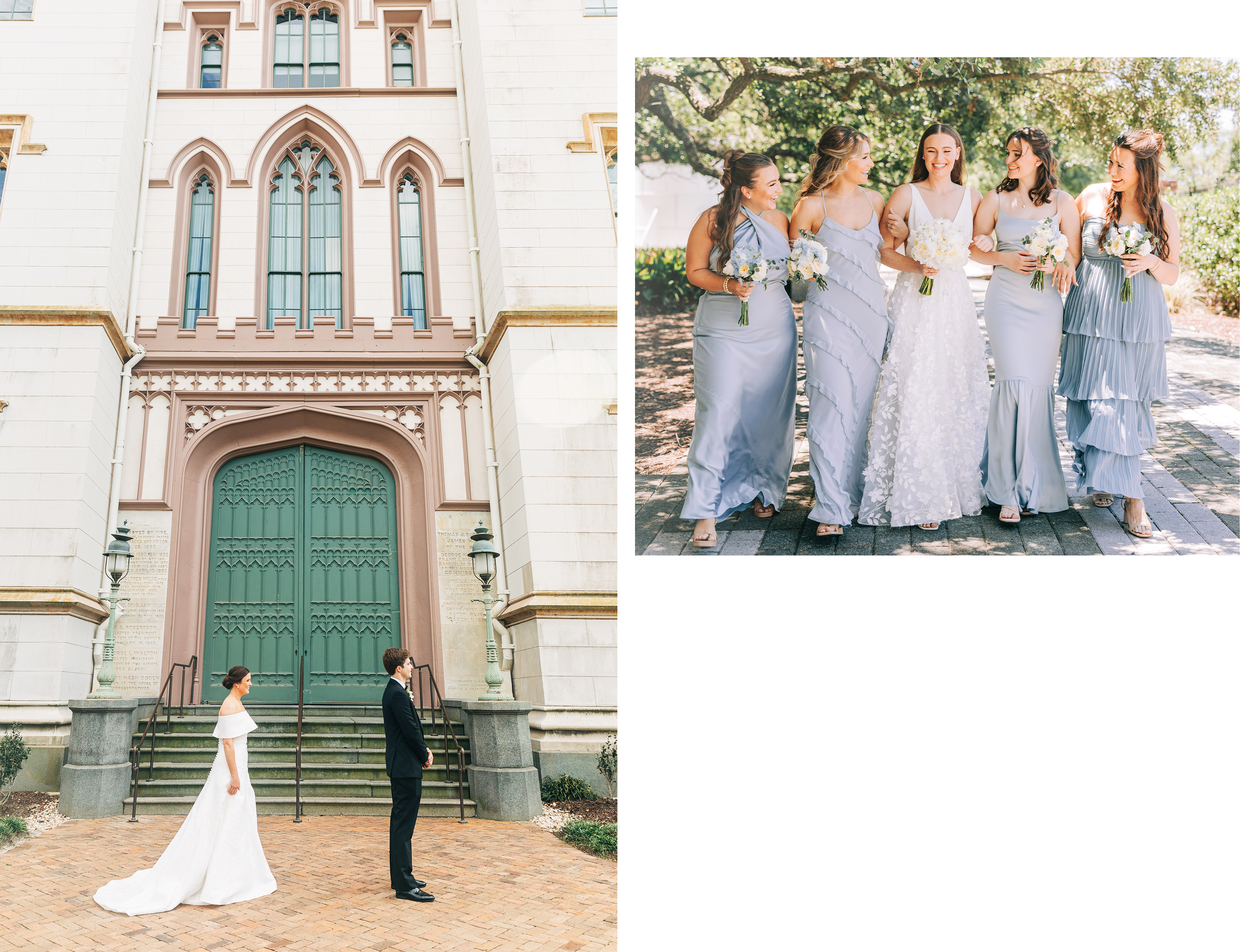 Bride approaching groom outside a church ceremony location in Baton Rouge with classic architecture