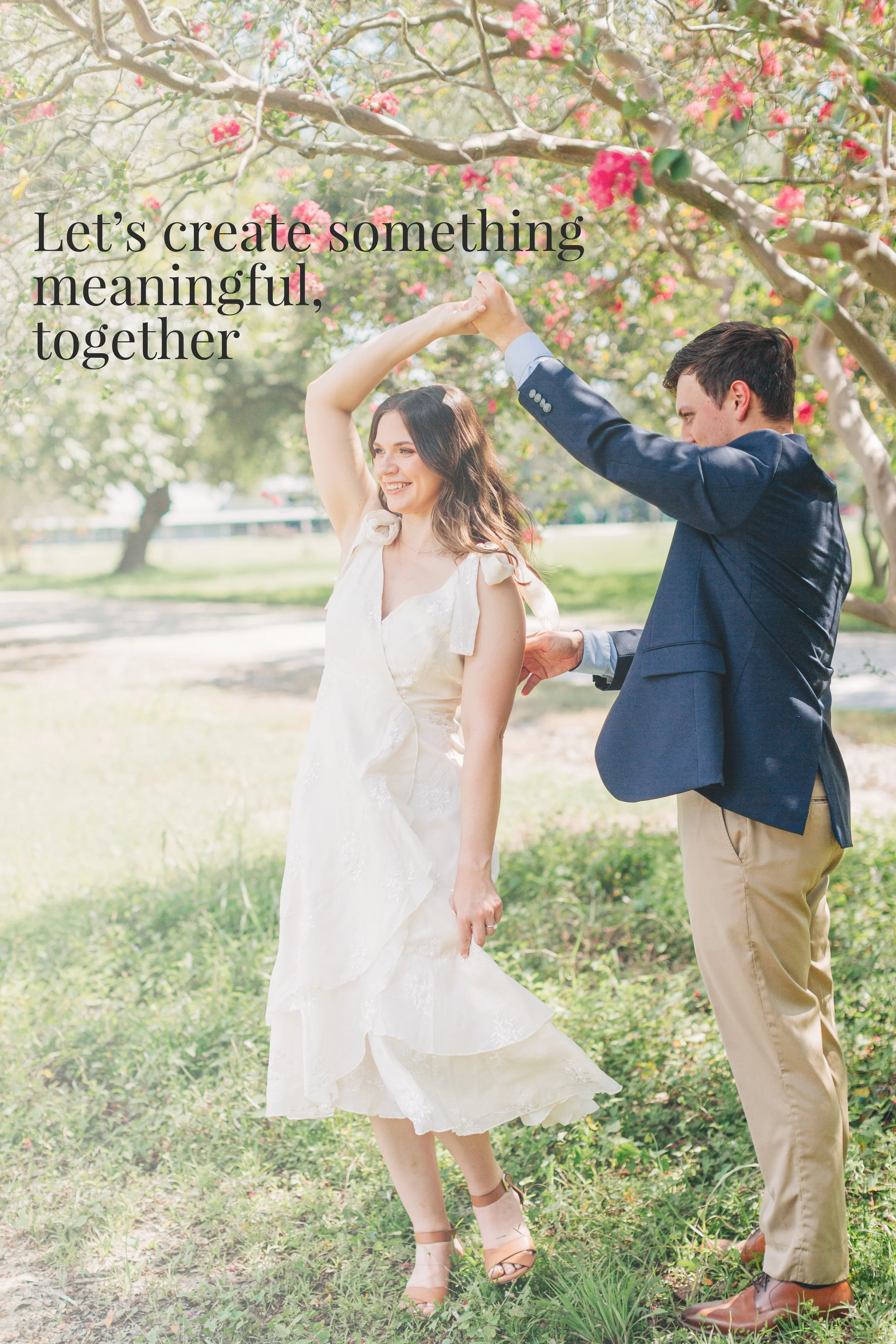 couple dancing under the cherry blossom tree at burden gardens in baton rouge