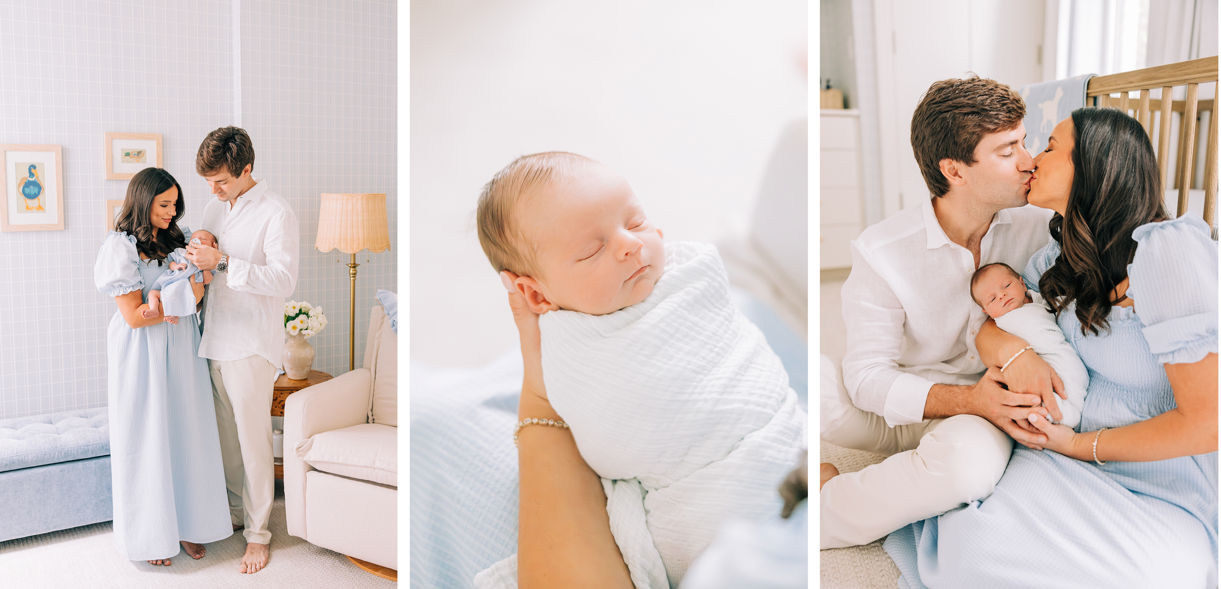 Series of three photos: first photo shows a woman and man holding a newborn baby in a cozy room with framed duck art; second photo shows a close-up of the sleeping newborn baby wrapped in a white blanket; third photo shows the woman and man kissing while holding the baby, sitting on the floor of the room.