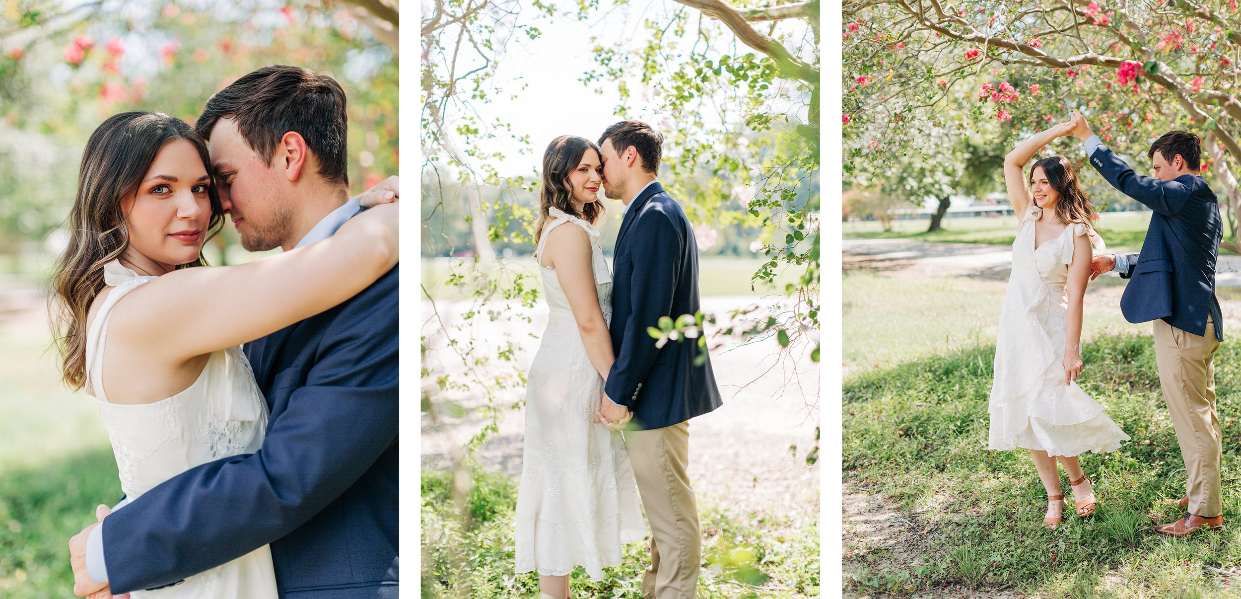 intimate photos of couple embracing and dancing at burden gardens in baton rouge under the crepe myrtles