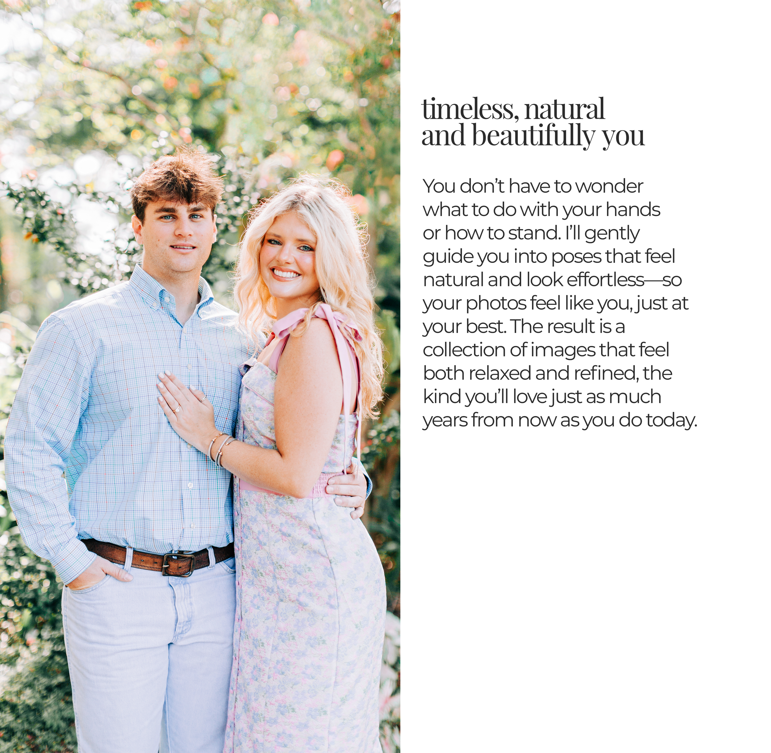 couple standing side-by-side in front of floral greenery during baton rouge engagement session at burden gardens