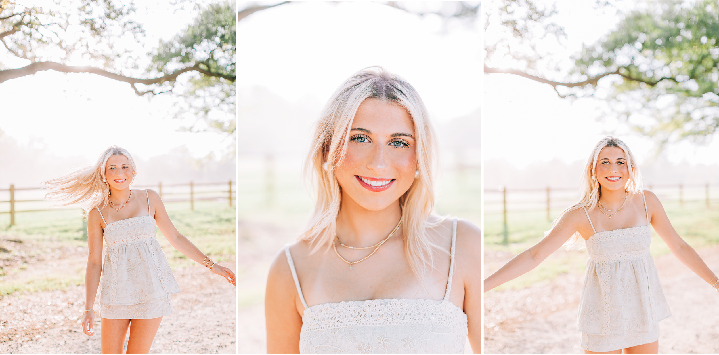 Three photos of a young woman with blonde hair and blue eyes outdoors on a sunny day. She is wearing a white dress and smiling in all images. The middle photo is a close-up of her face.