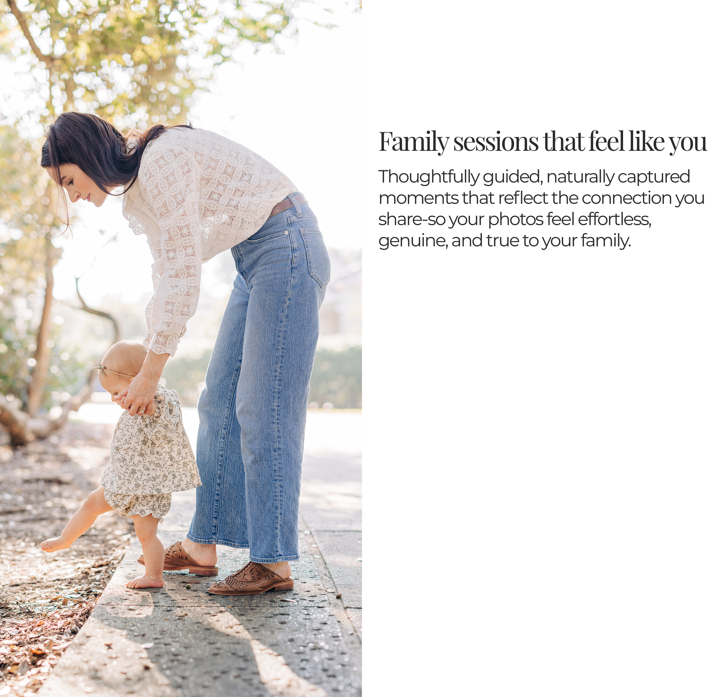 mom helping baby walk across sidewalk during a baton rouge family portrait session