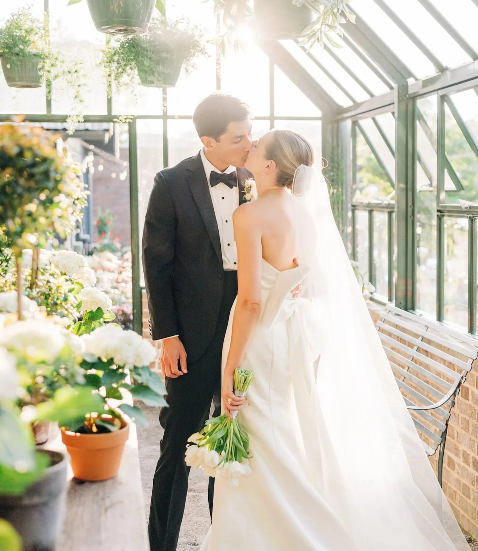 A bride and groom kissing in a greenhouse with sunlight streaming in. The bride is holding a bouquet of white flowers, and the groom is dressed in a black tuxedo with a bow tie. There are potted plants and flowers in the foreground and a bench against the greenhouse wall.