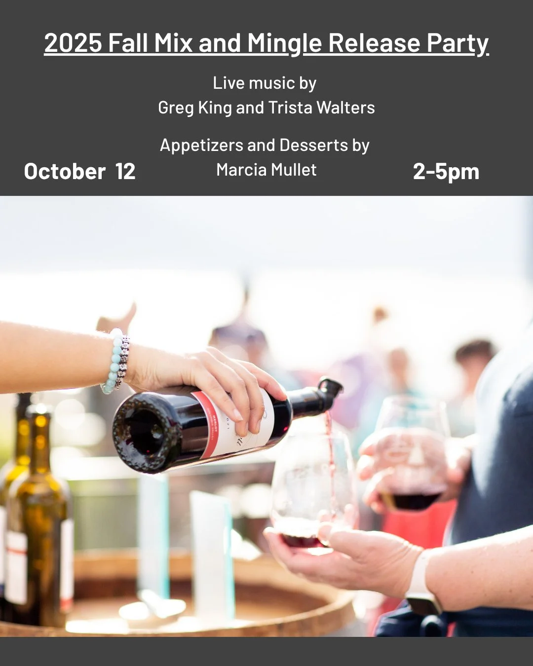Join us this Sunday, October 12th, from 2-5pm for our Fall Mix &amp; Mingle Release Party! 🍂🍇⁠
We&rsquo;ll be pouring three newly released reds - 2022 Malbec, 2022 Cabernet Franc, and 2022 Durif. Enjoy live music by Greg King and Trista Walters and
