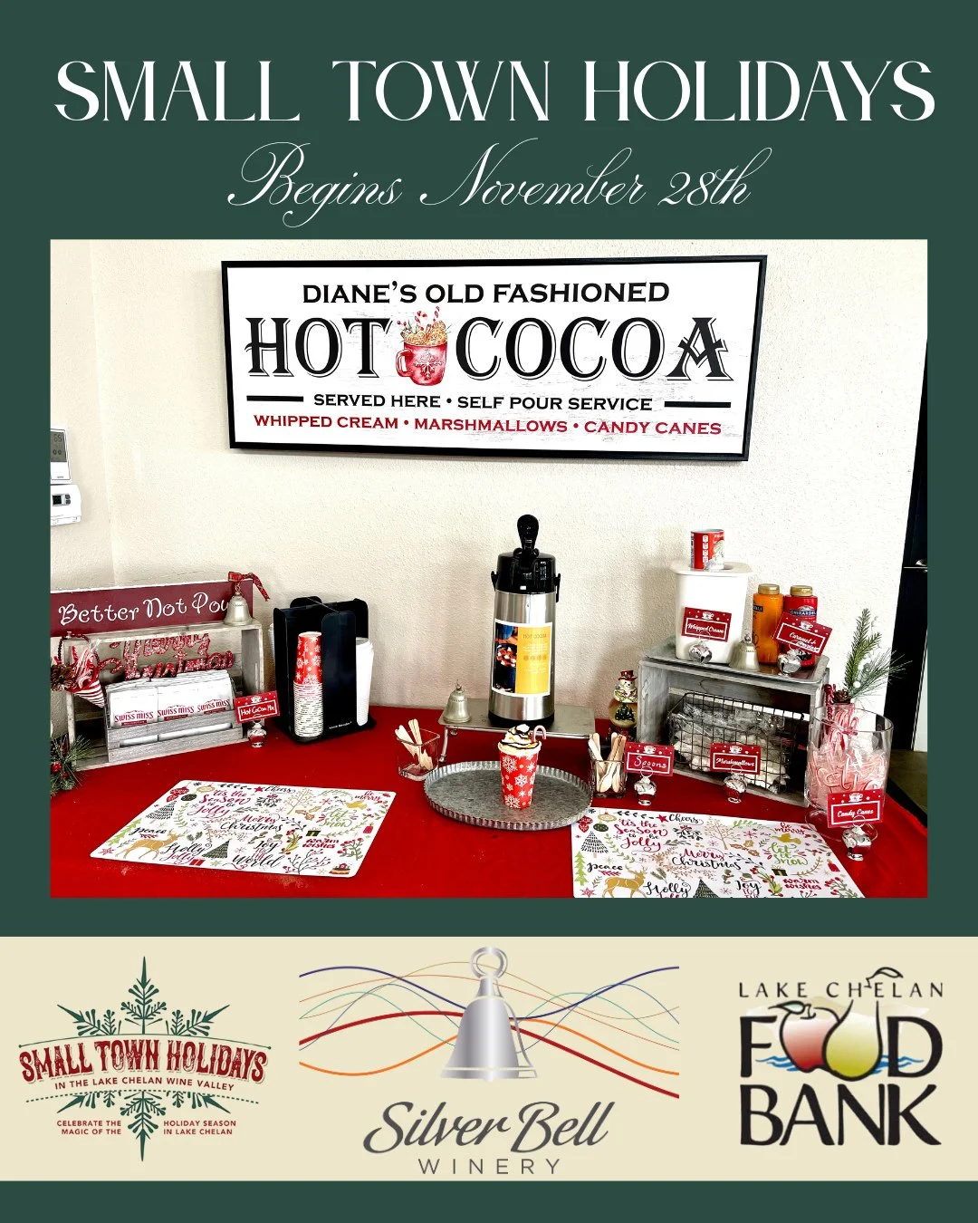 🚨Consider this your official hot cocoa alert 🚨Diane&rsquo;s Old Fashioned Cocoa Bar returns 11/28 for #SmallTownHolidays at Silver Bell Winery! Complimentary as always, with all donations going to the Lake Chelan Food Bank.⁠
⁠
#silverbellwinery #sm
