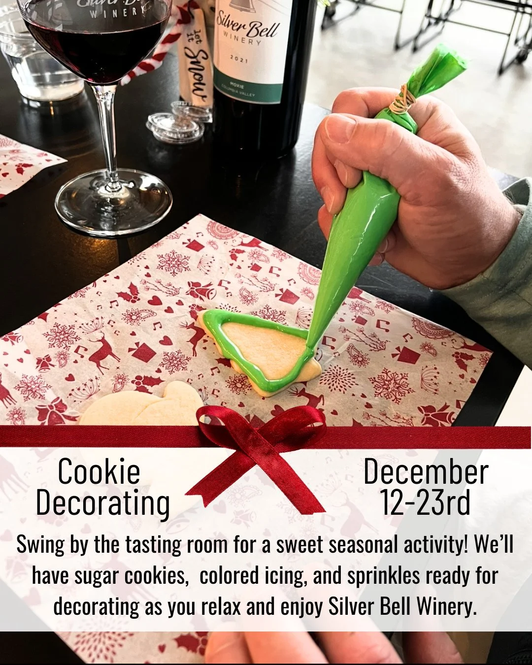 We will be counting down to Christmas with fun activities in the tasting room. December 12-23, come grab a bottle or glass of your favorite Silver Bell wine and enjoy decorating sugar cookies for the Holidays!⁠
⁠
Open Daily 12-5pm⁠
⁠
#lakechelanwinev