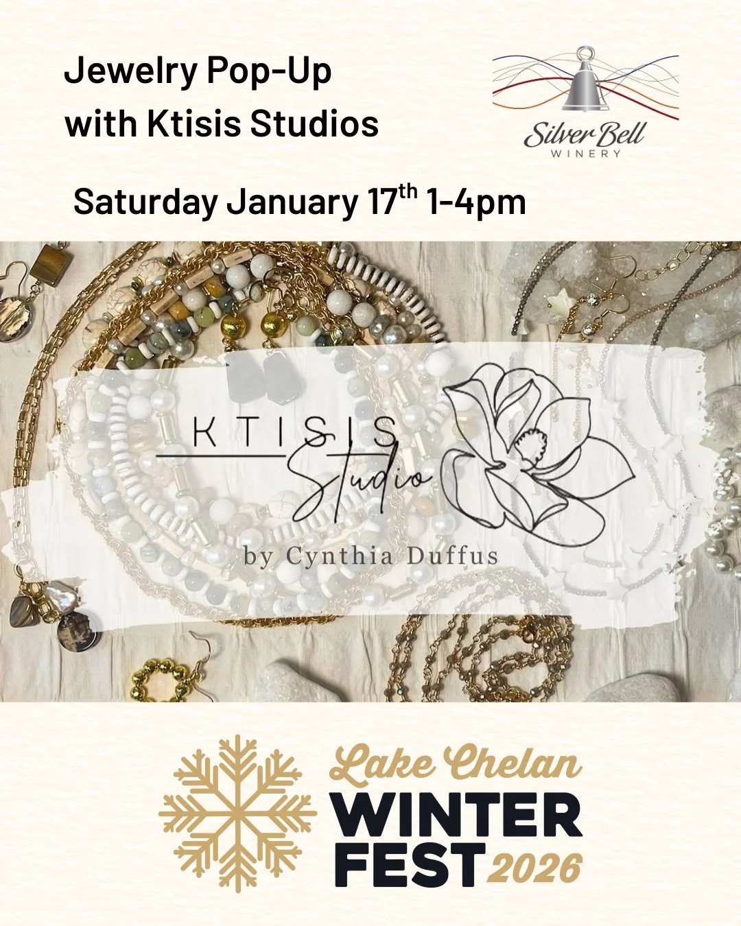 This Saturday, we are bringing back @ktisisstudio to our tasting room from 1-4 PM! We have such a great time hosting Cynthia and sharing her beautiful work with you all! Come snag some beautiful handmade jewelry this Winterfest weekend!⁠
⁠
#silverbel