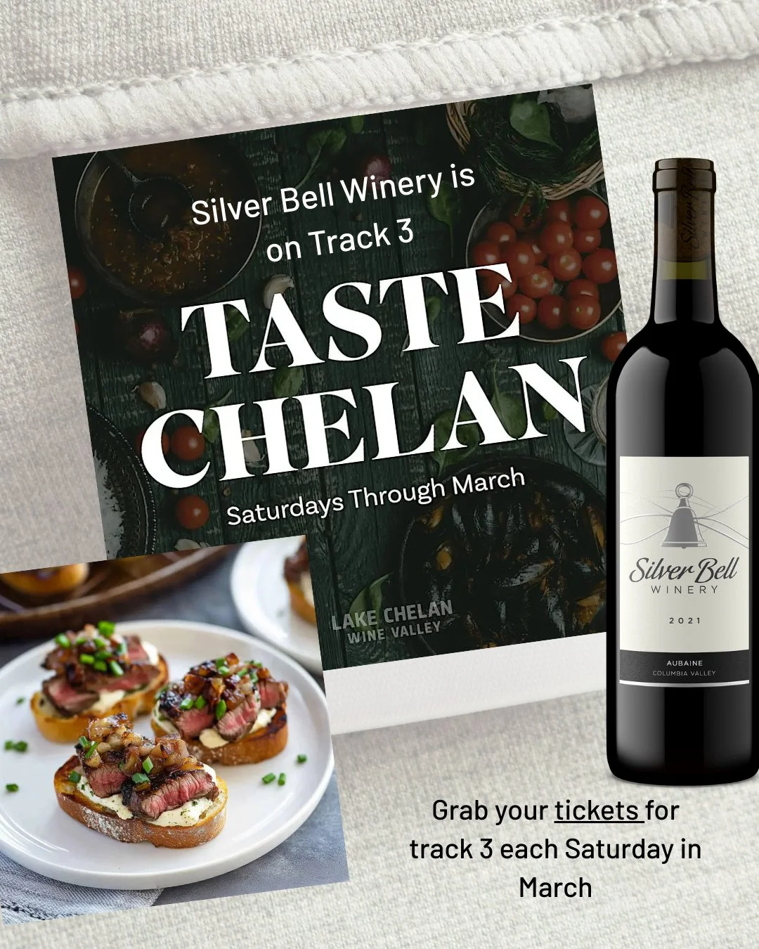 Excited to see you all for #tastechelan! Select Track 3 when buying your tickets to experience Silver Bell Winery's 2021 Cab Sauv dominant blend Aubaine, paired with a grilled steak crostini with herbed cheese, saut&eacute;d onions, and chives. ⁠
⁠
#