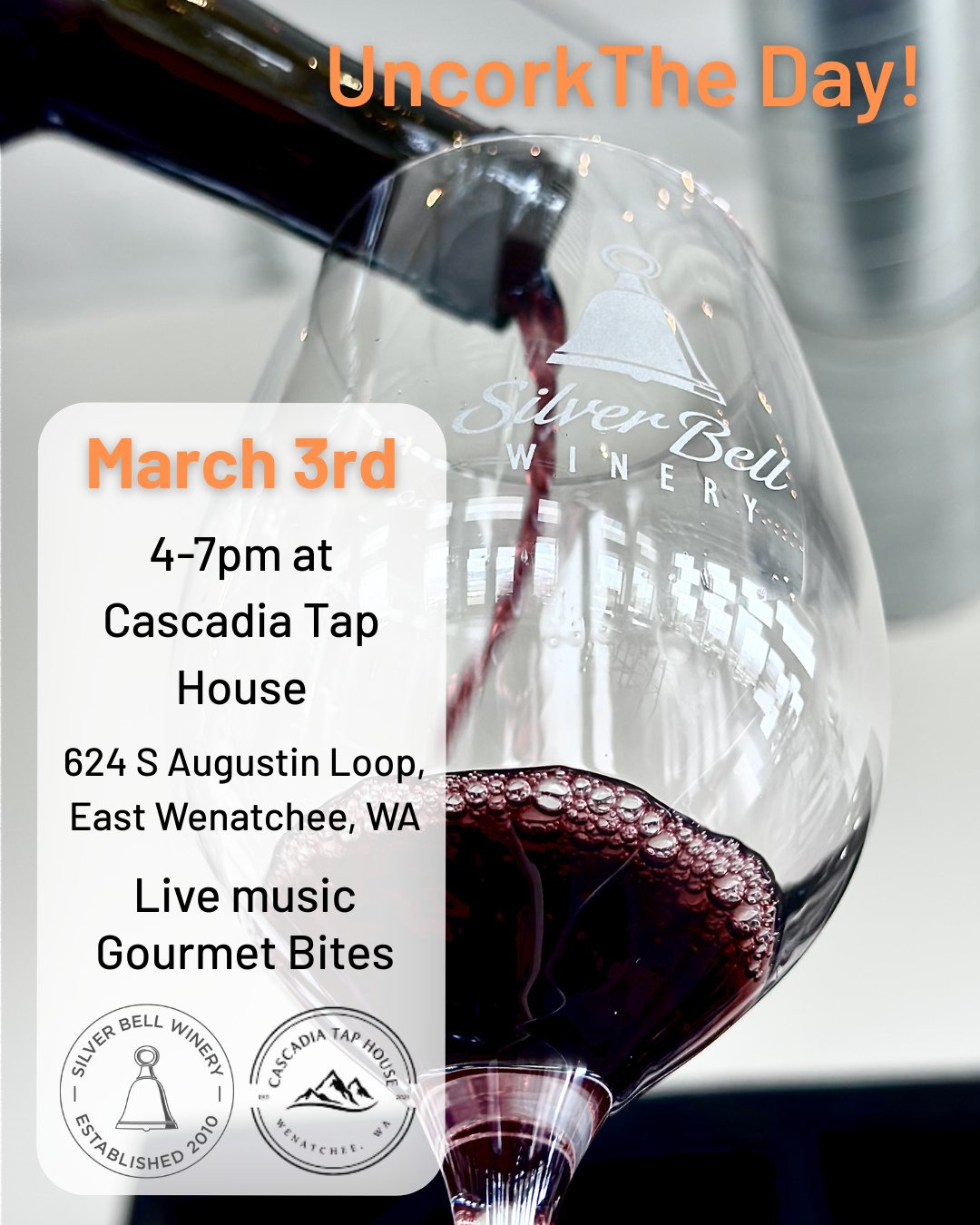 We hope to see you March 3rd at Cascadia Taphouse! Owners, Alan and Diane will be pouring from 4-7pm. ⁠
⁠
#uncorktheday #winerytakeover #cascadiataphouse #silverbellwinery #siplocal #chelan #wenatchee #winetasting #wawine #lakechelanwinevalley #winee