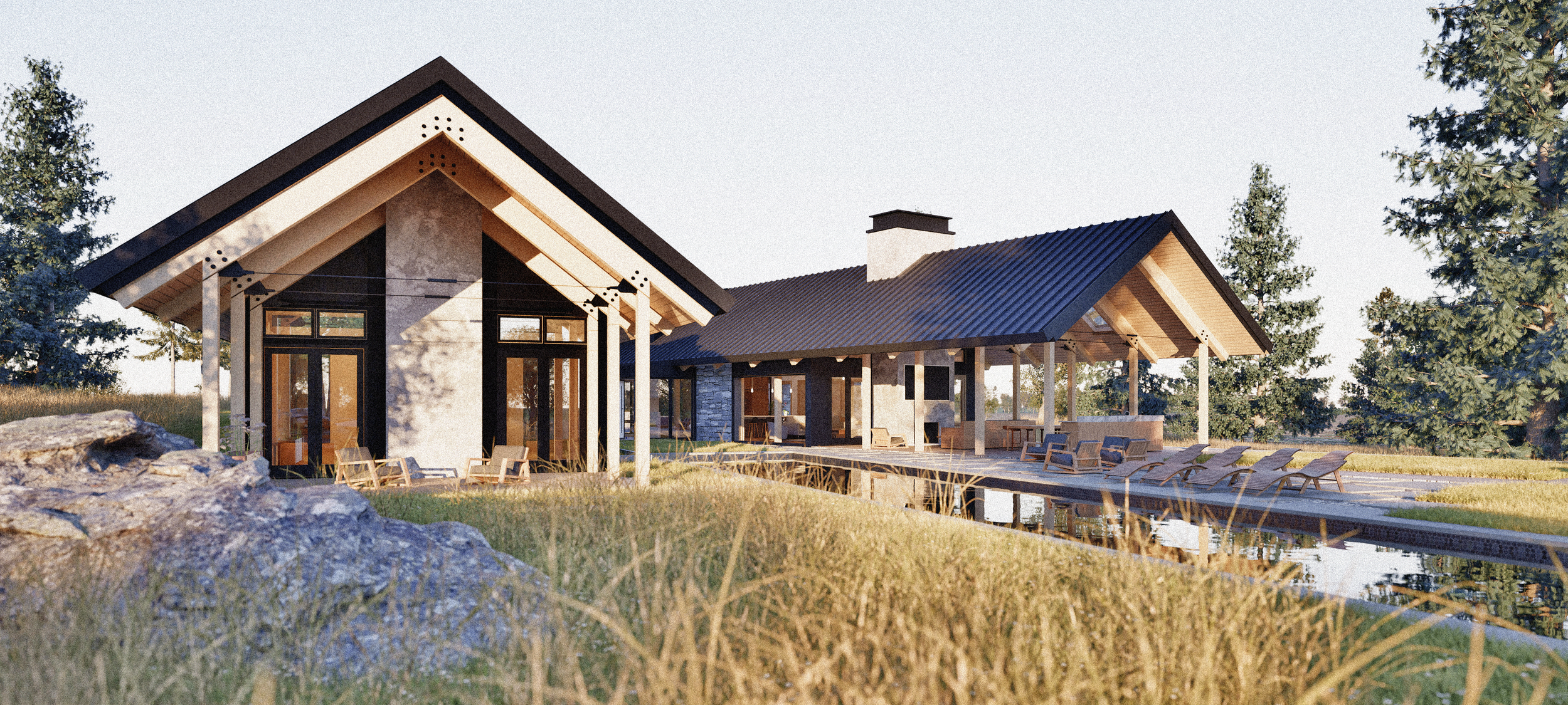 From two quiet bars and a single connector, the house radiates into its landscape. Covered terraces and a long, central pool form moments of pause and reflection, while the edges dissolve into open prairie — architecture giving way to the softness of