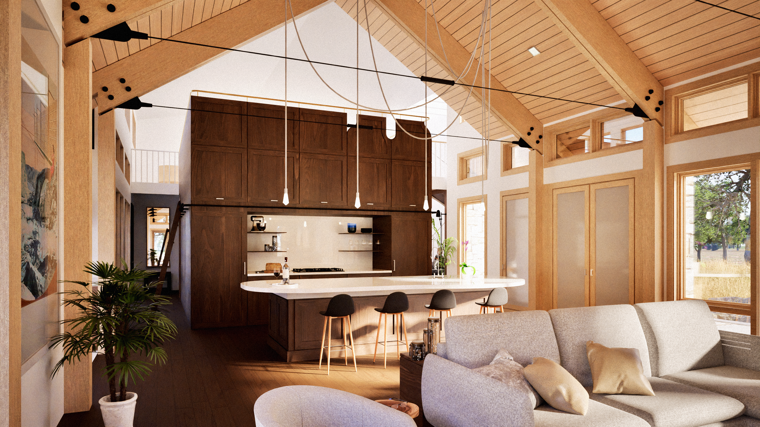 A restrained palette — white walls, timber beams, and a wood-lined ceiling — defines a quiet, tactile interior. The crafted “jewel boxes” glow with rich paneling, evoking recalling the intimacy of Victorian parlors on the western frontier. Curved sta