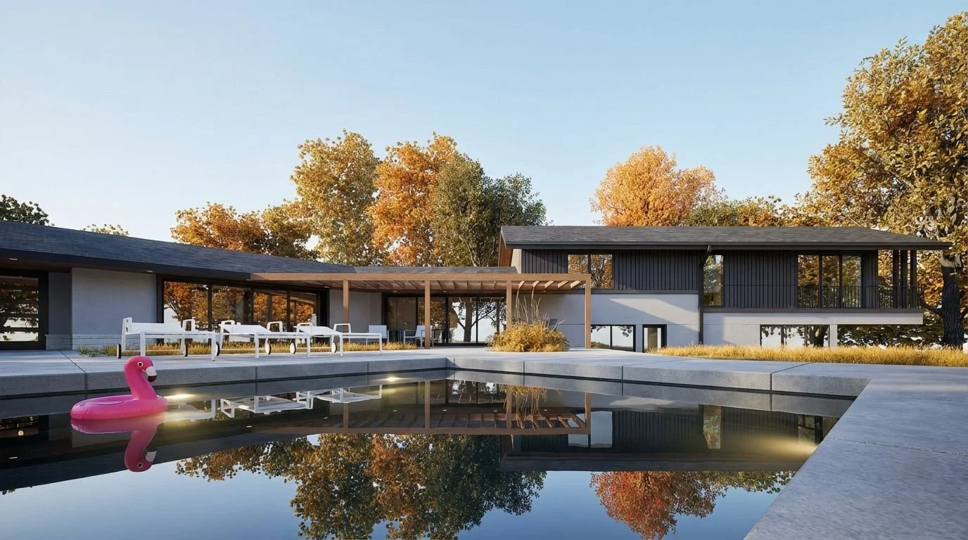 award winning architectural visualization of a modern swimming pool with pink flamingo float in poo .jpeg