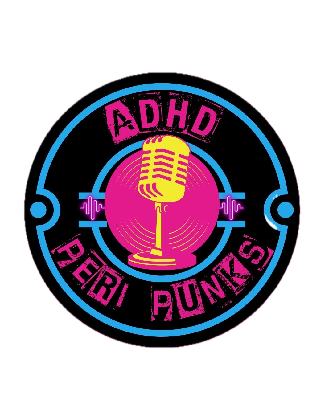 Image is the logo for the ADHD Peri Punks Podcast using black, bright blue, bright pink ad bright yellow with a microphone in the middle of the circular logo